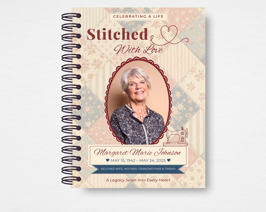 Stitched With Love memorial guest book template cover — Canva editable instant download