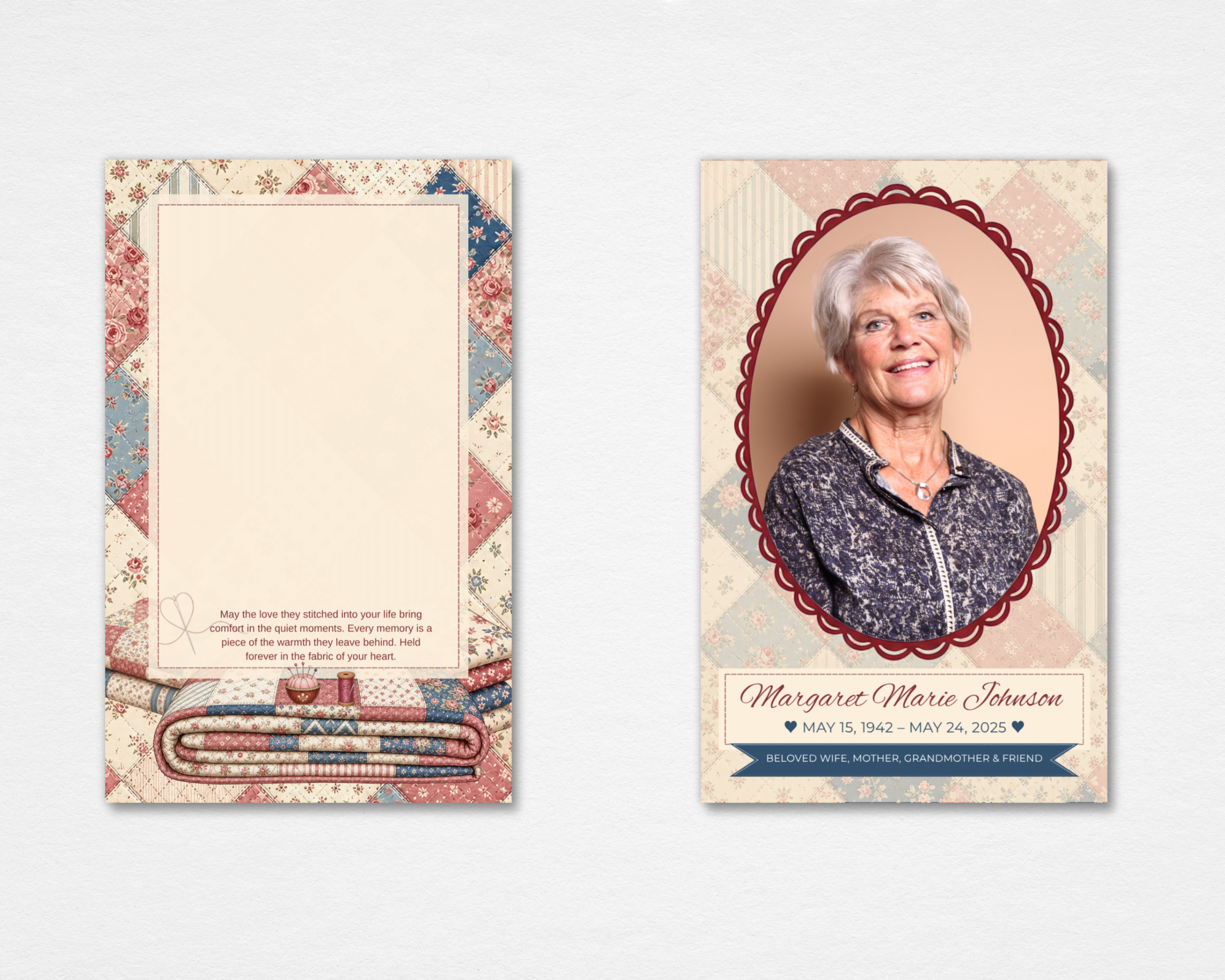 Stitched With Love quilting memorial prayer card template — Canva editable instant download