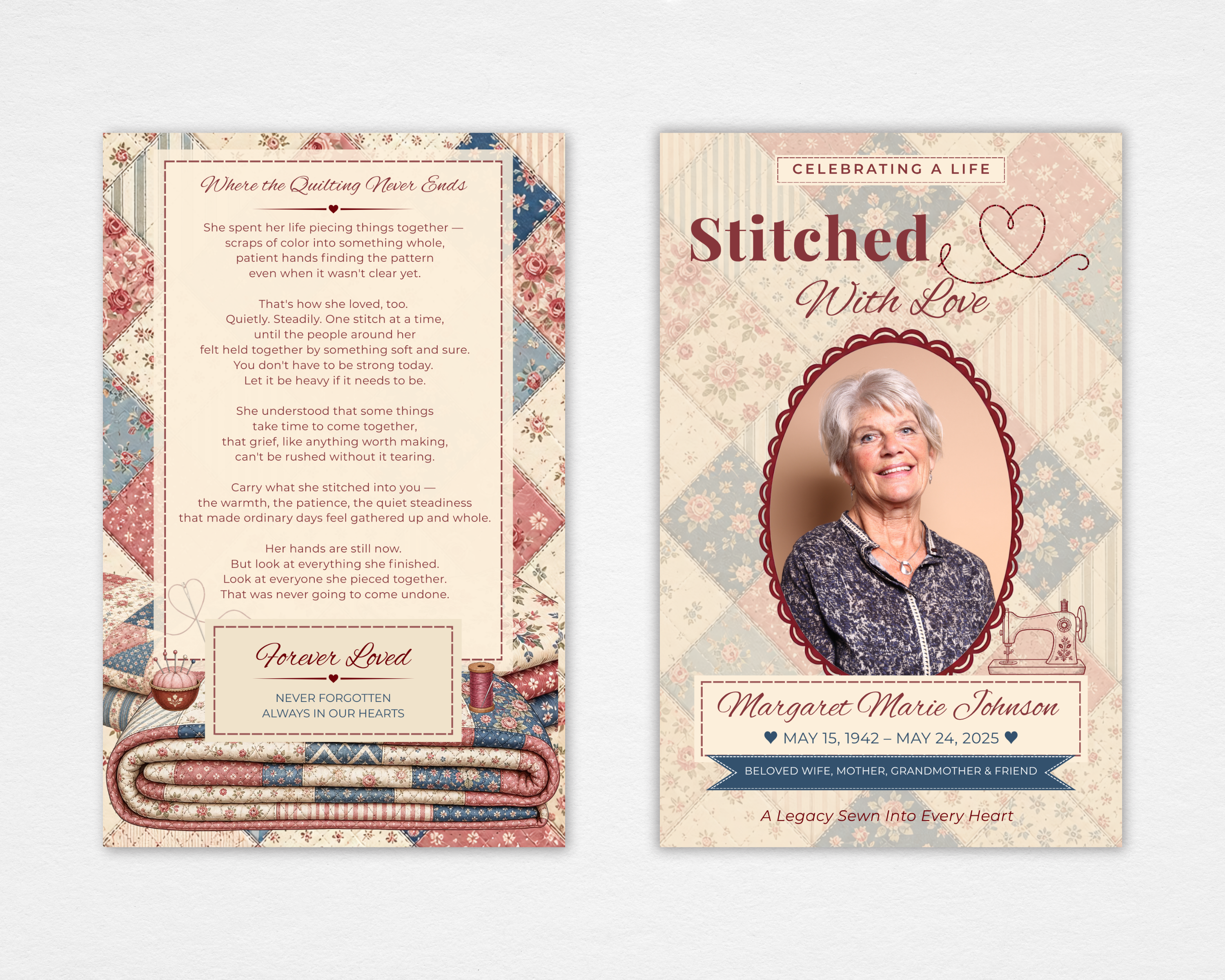 Stitched With Love standard funeral program template — Canva editable instant download