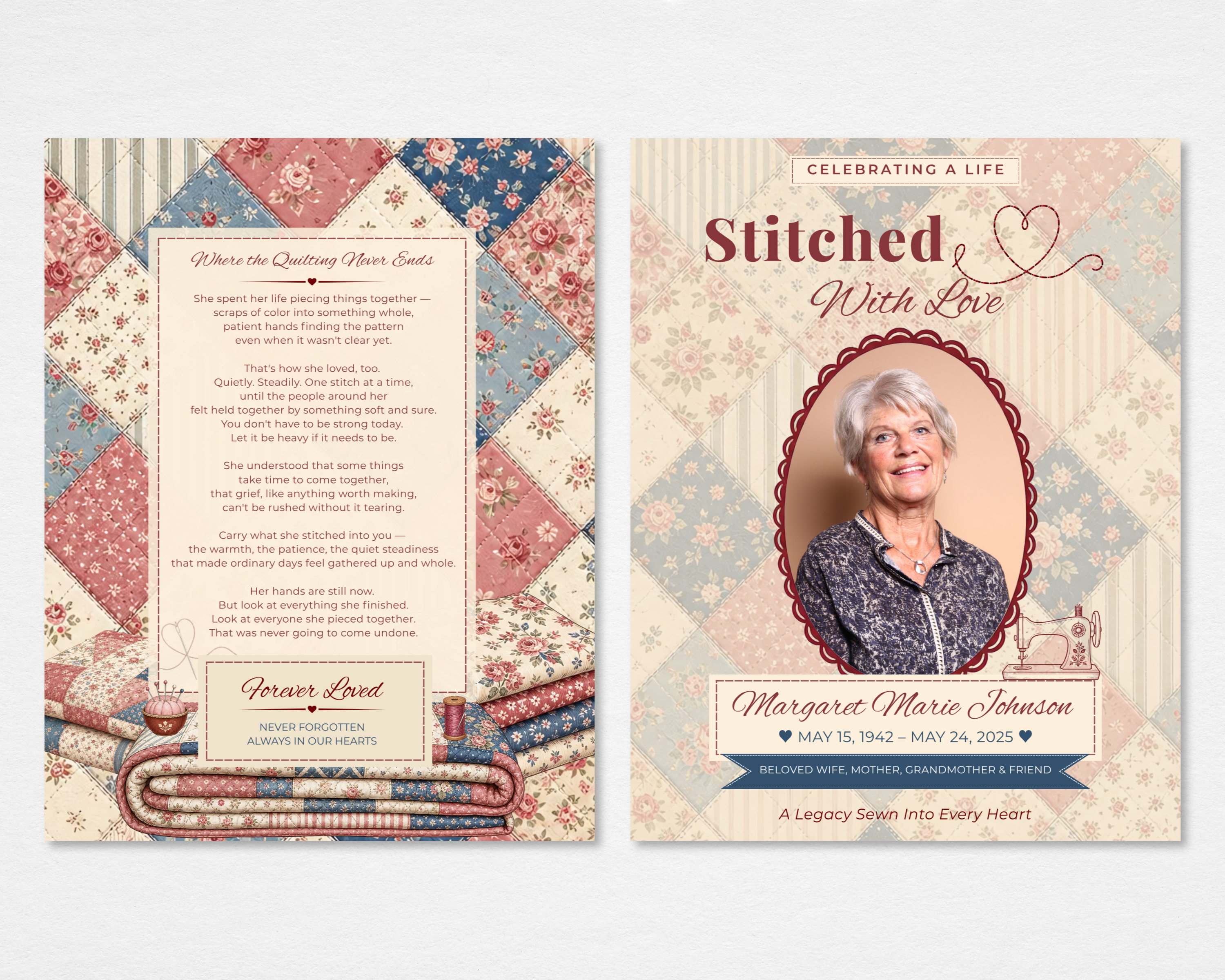 Stitched With Love tabloid funeral program template — Canva editable instant download