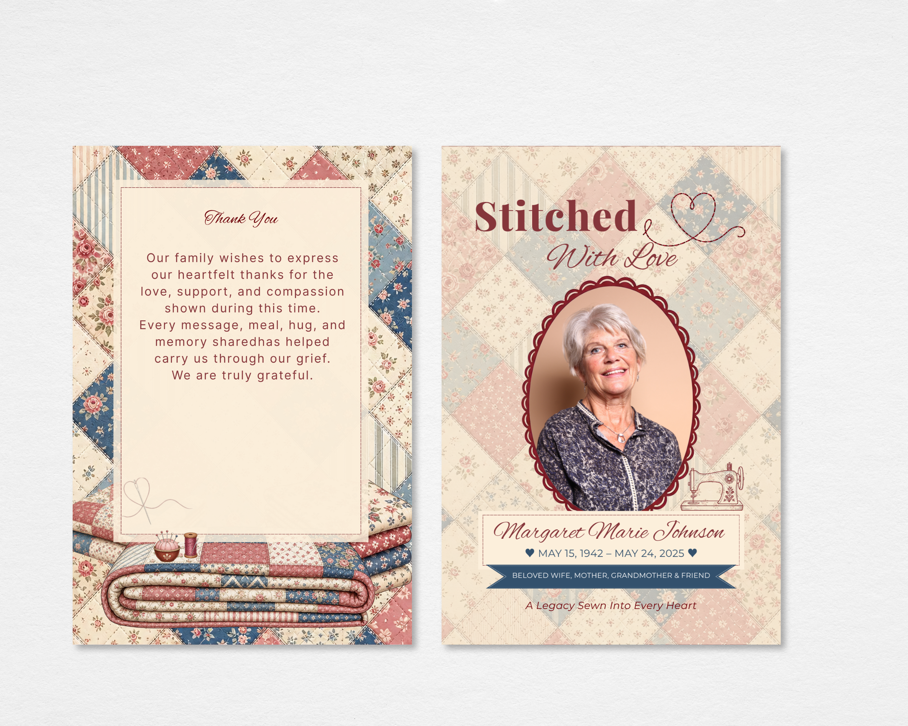Stitched With Love quilting memorial thank you card template — Canva editable instant download