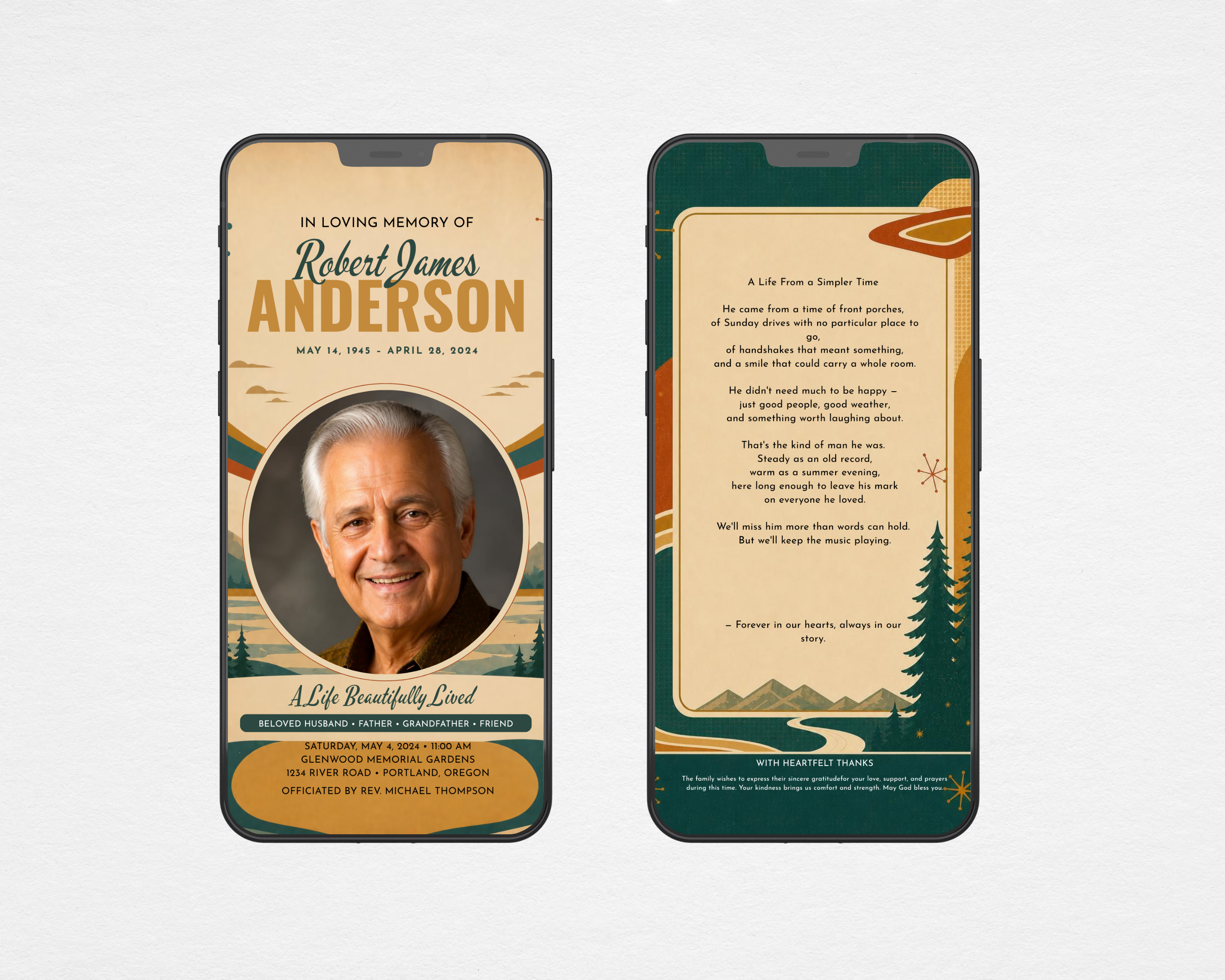 A Life From a Simpler Time funeral program template shown on two phones — front cover with mountain landscape and circular photo on one screen, back cover with poem text and pine tree illustration on the other