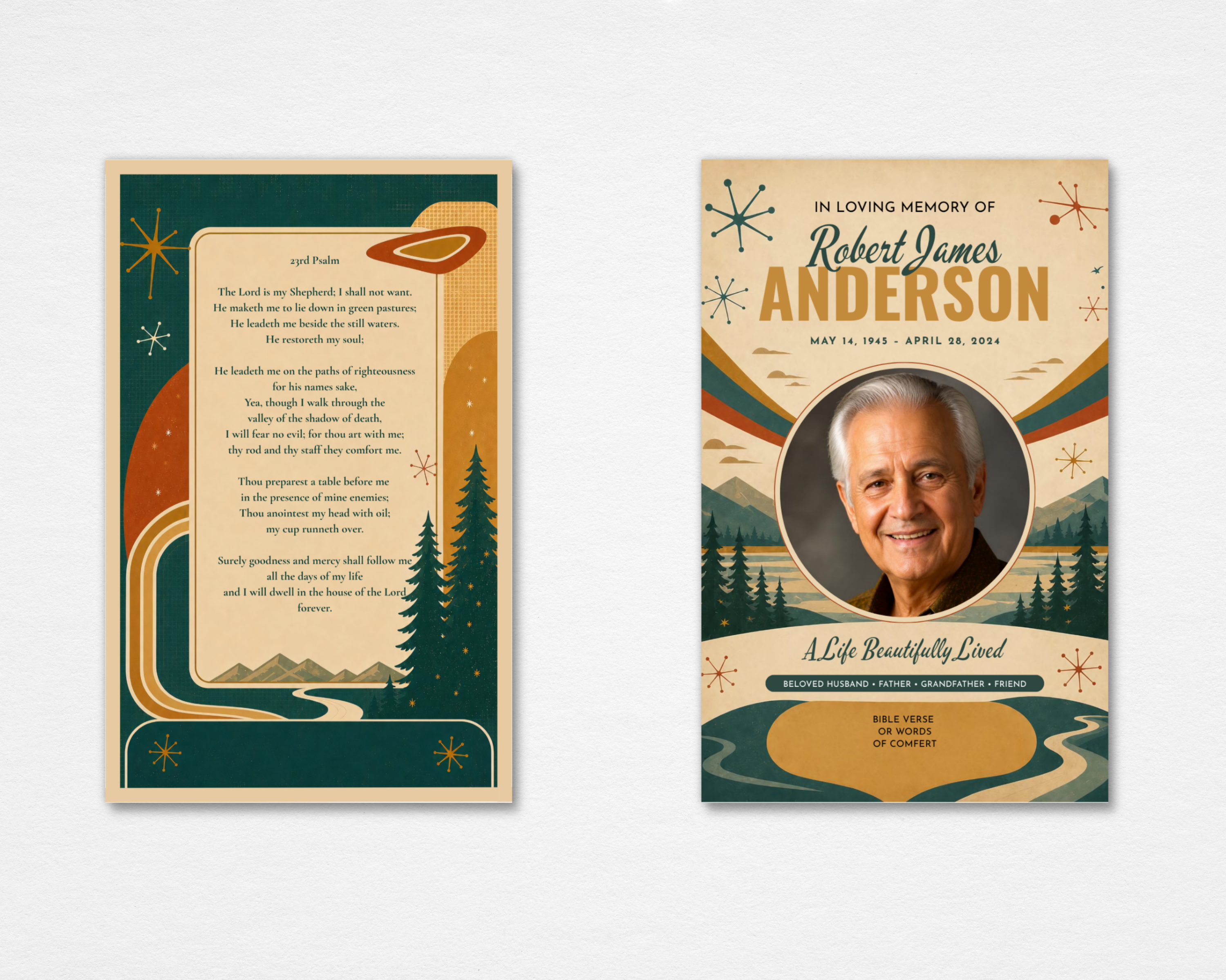 A Life From a Simpler Time mid-century retro memorial prayer card template — Canva editable instant download — front cover with circular photo placeholder, mountain and pine tree landscape, atomic starburst accents, teal and warm amber tones; back cover with 23rd Psalm and matching mid-century nature illustration