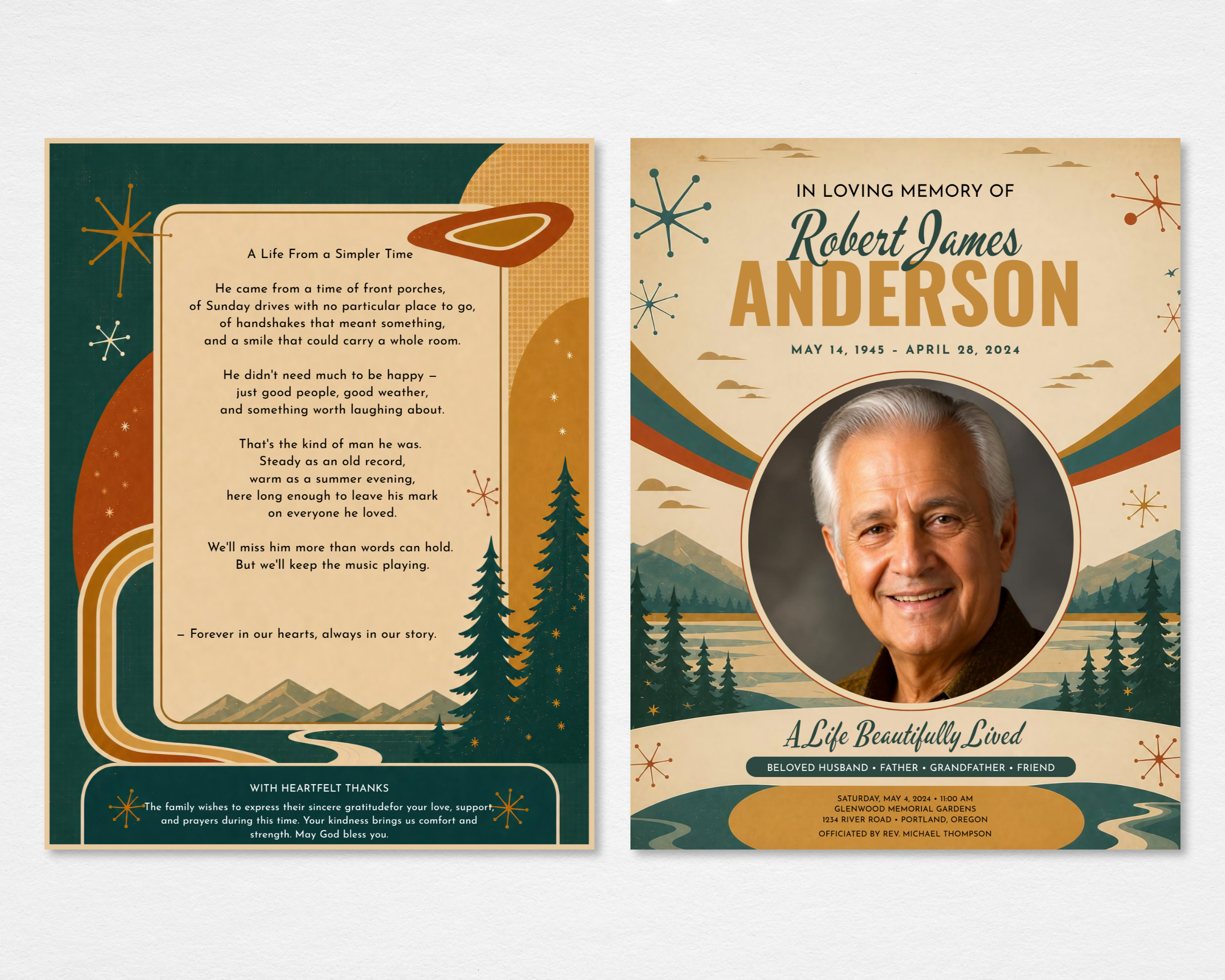 A Life From a Simpler Time funeral program template — front and back shown flat, featuring mid-century mountain scenery, atomic starbursts, script typography, and editable photo and text areas