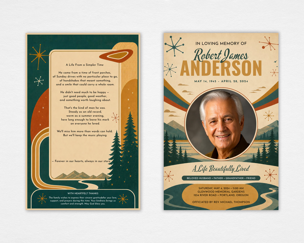 Retro mid-century funeral program template — front cover with mountain landscape, atomic starburst details, teal and warm amber tones, and circular photo placeholder; back cover with poem and thank you section
