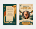 Retro mid-century funeral program template — front cover with mountain landscape, atomic starburst details, teal and warm amber tones, and circular photo placeholder; back cover with poem and thank you section
