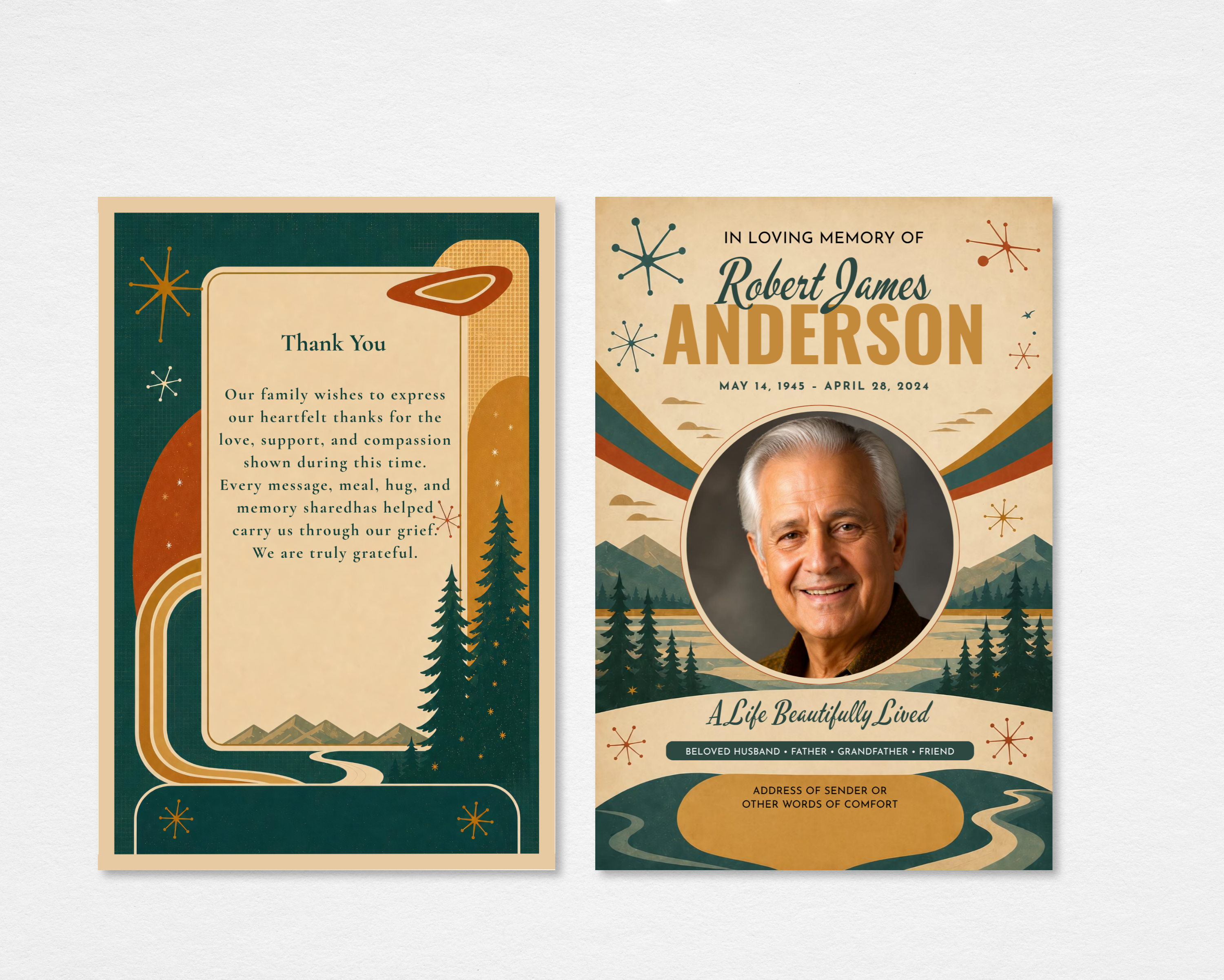 A Life From a Simpler Time mid-century retro memorial thank you card template — Canva editable instant download — front cover with circular photo placeholder, mountain and pine tree landscape, atomic starburst accents, teal and warm amber tones; back cover with editable thank you message and matching nature illustration