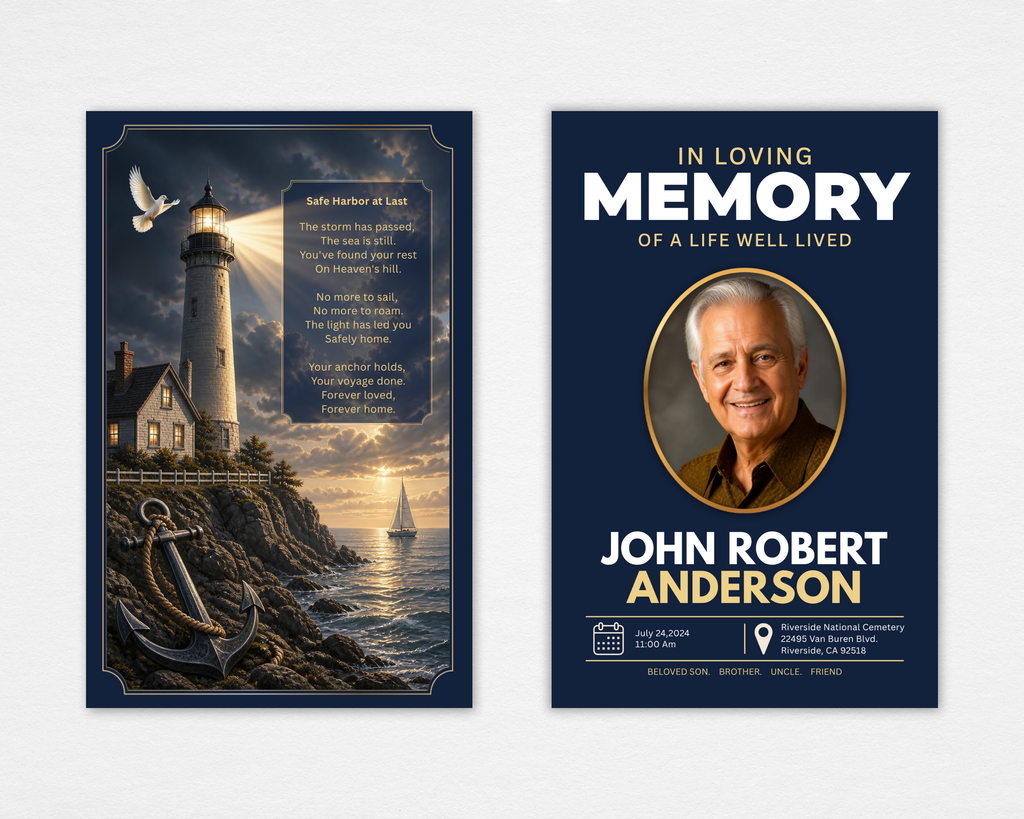 Safe Harbor nautical lighthouse funeral program template — Canva editable instant download — standard size front and back showing dramatic lighthouse, golden light beam, anchor, and original poem Safe Harbor at Last