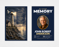 Safe Harbor nautical lighthouse funeral program template — Canva editable instant download — standard size front and back showing dramatic lighthouse, golden light beam, anchor, and original poem Safe Harbor at Last