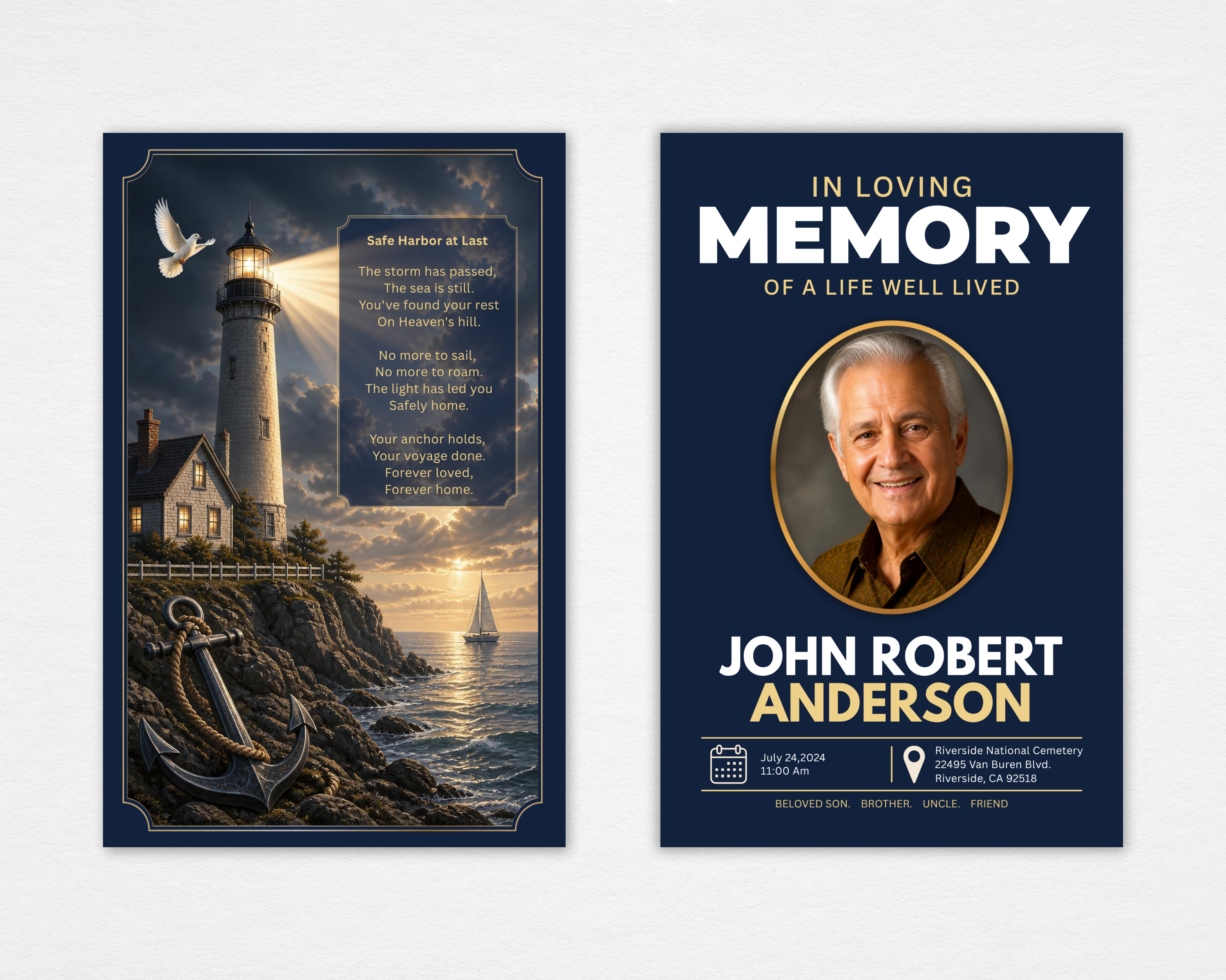 Safe Harbor nautical lighthouse funeral program template — Canva editable instant download — standard size front and back showing dramatic lighthouse, golden light beam, anchor, and original poem Safe Harbor at Last