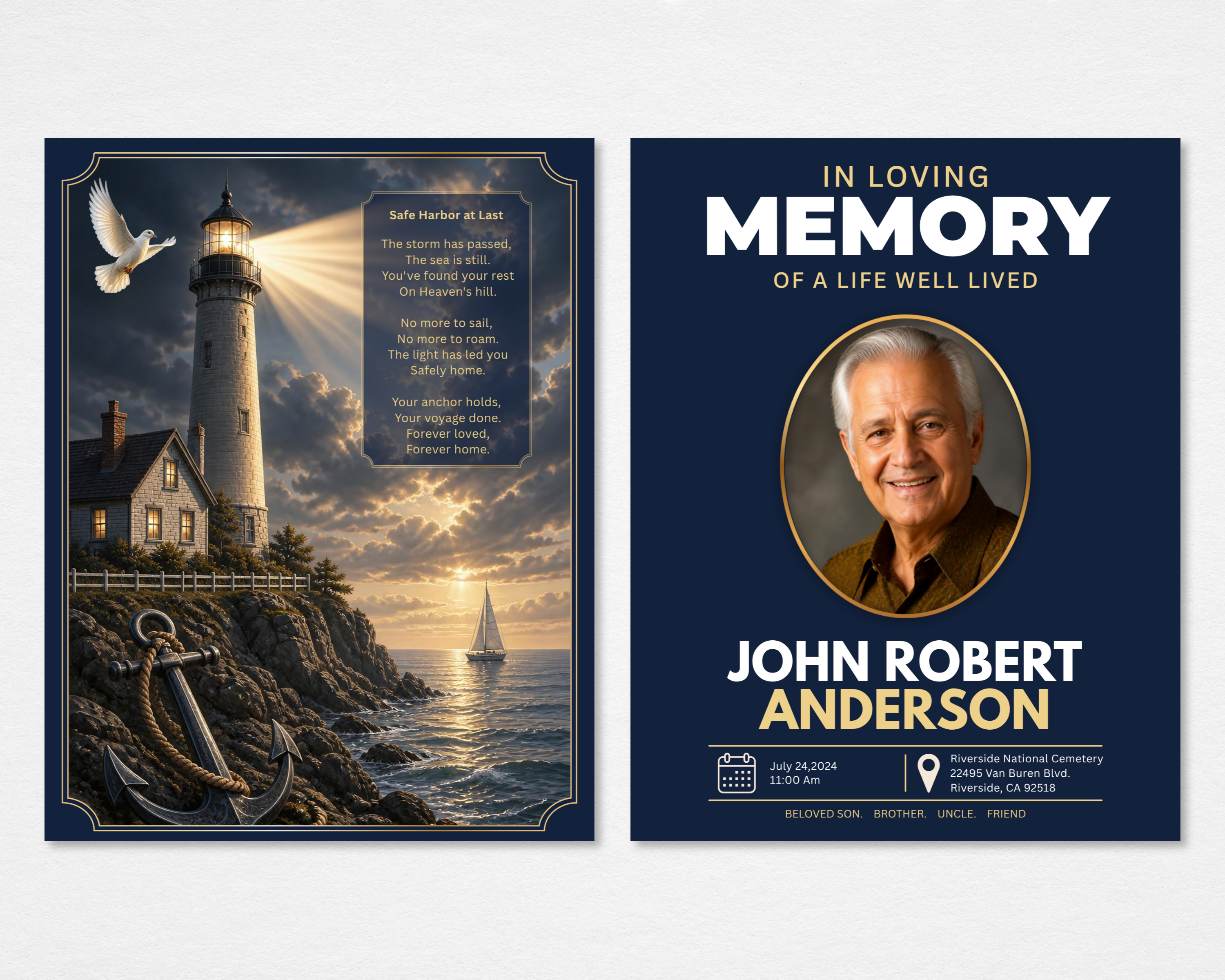 Safe Harbor nautical lighthouse funeral program template — Canva editable — tabloid size front and back showing navy and gold lighthouse scene with anchor and dove