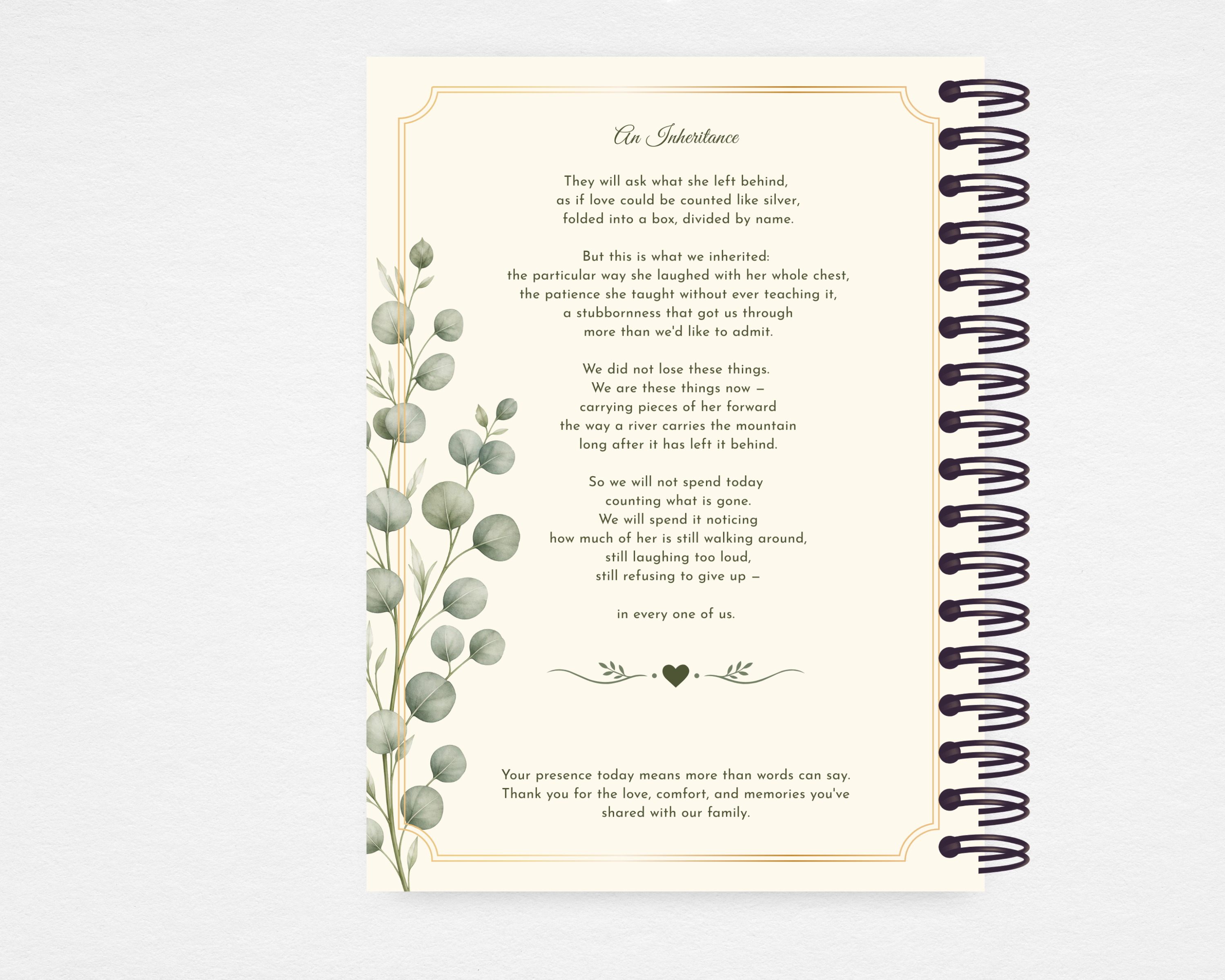  Golden Grace floral botanical memorial guest book template — back cover with soft cream background, gold page border, watercolor eucalyptus and calla lily details, and editable acknowledgment section; Canva editable