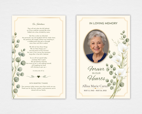 Golden Grace funeral program cover — cream background, white calla lilies and eucalyptus botanicals, gold oval portrait frame, classic serif and script typography