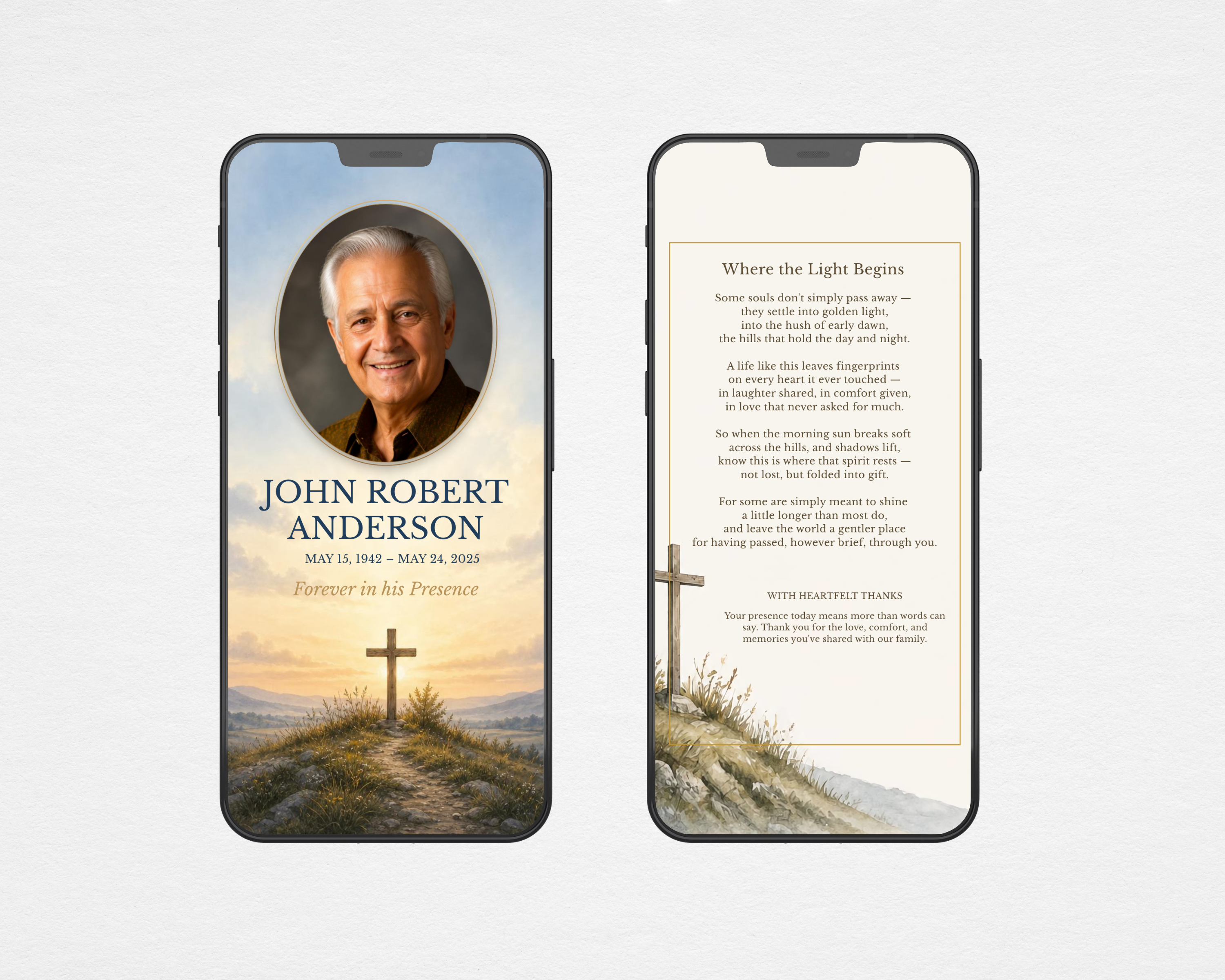 Where the Light Begins Christian funeral program template — digital version shown on two phones side by side, front cover with watercolor sunrise cross landscape and oval portrait on left phone, back cover with original poem Where the Light Begins and thank you section on right phone
