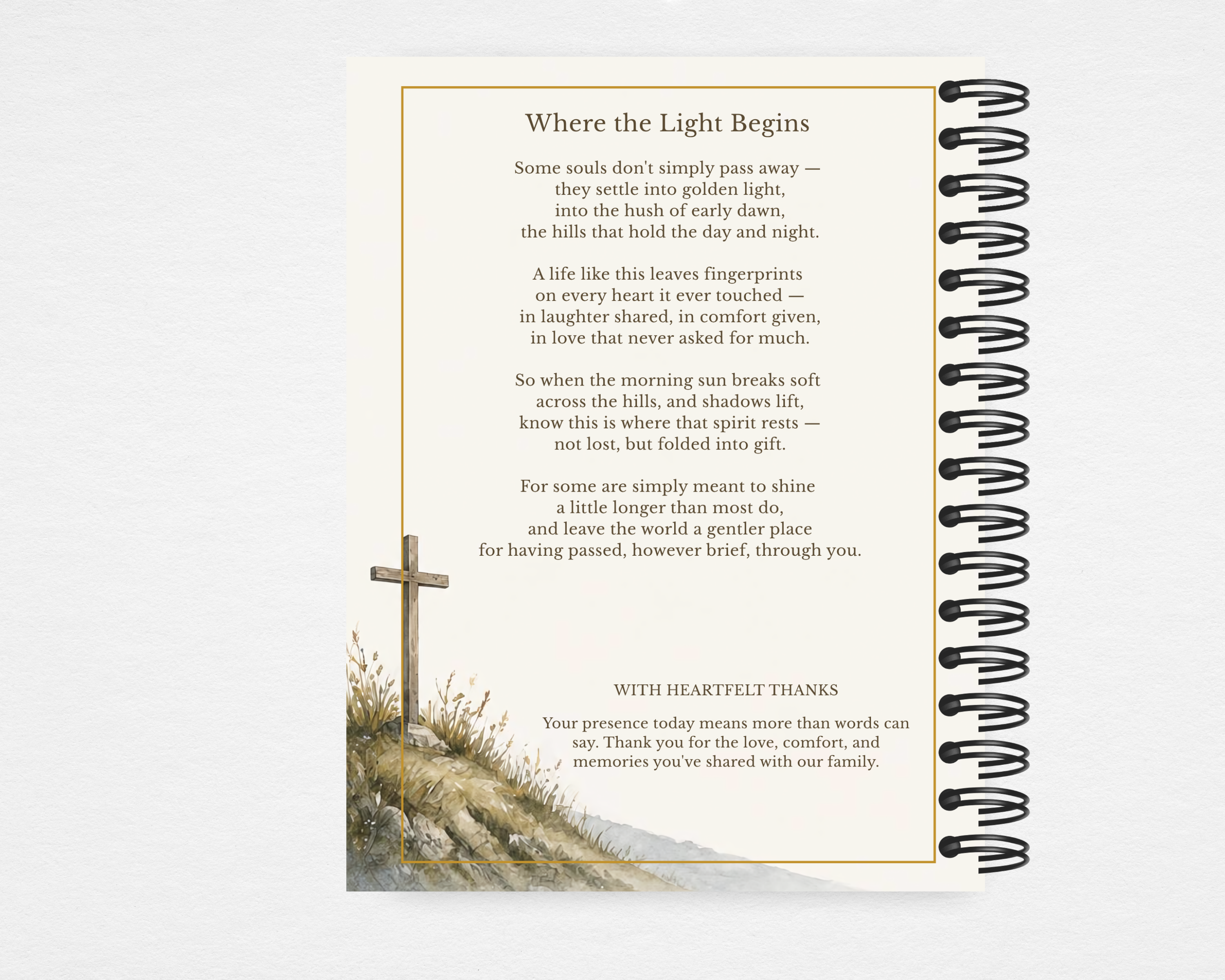 Where the Light Begins memorial guest book Canva template — back cover with original poem in gold-bordered cream panel, watercolor cross and hillside illustration, and heartfelt thank you section