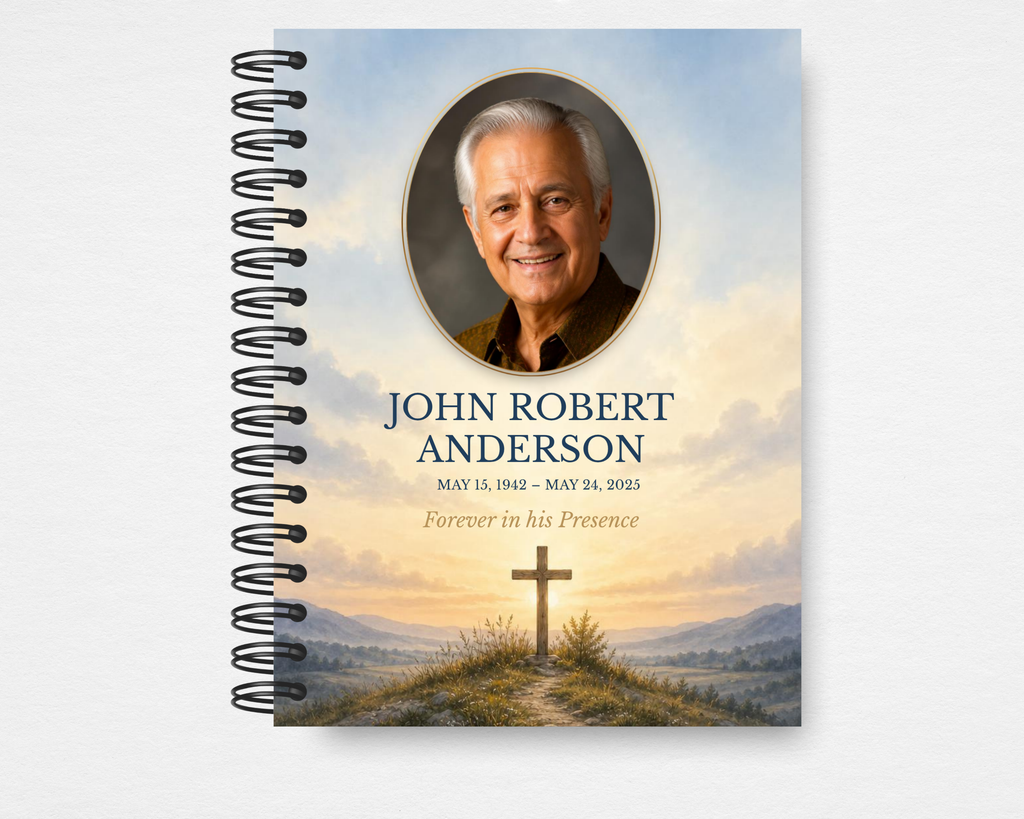 Where the Light Begins watercolor Christian memorial guest book Canva template — front cover with sunrise landscape, hilltop cross, oval portrait frame with gold border, and navy serif name typography