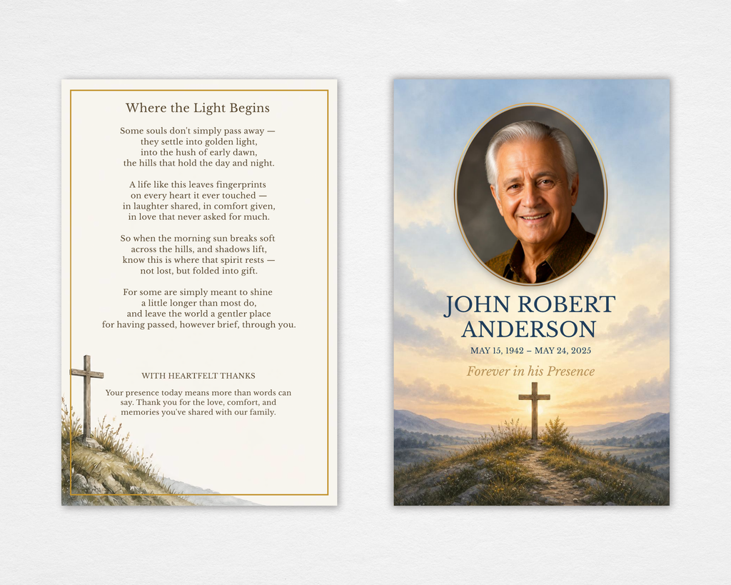 Where the Light Begins Christian funeral program template — standard size flat lay showing front cover with watercolor sunrise landscape, hilltop cross, oval portrait photo frame, navy serif name and dates, and italic tribute line; back cover with original poem Where the Light Begins and heartfelt thank you section
