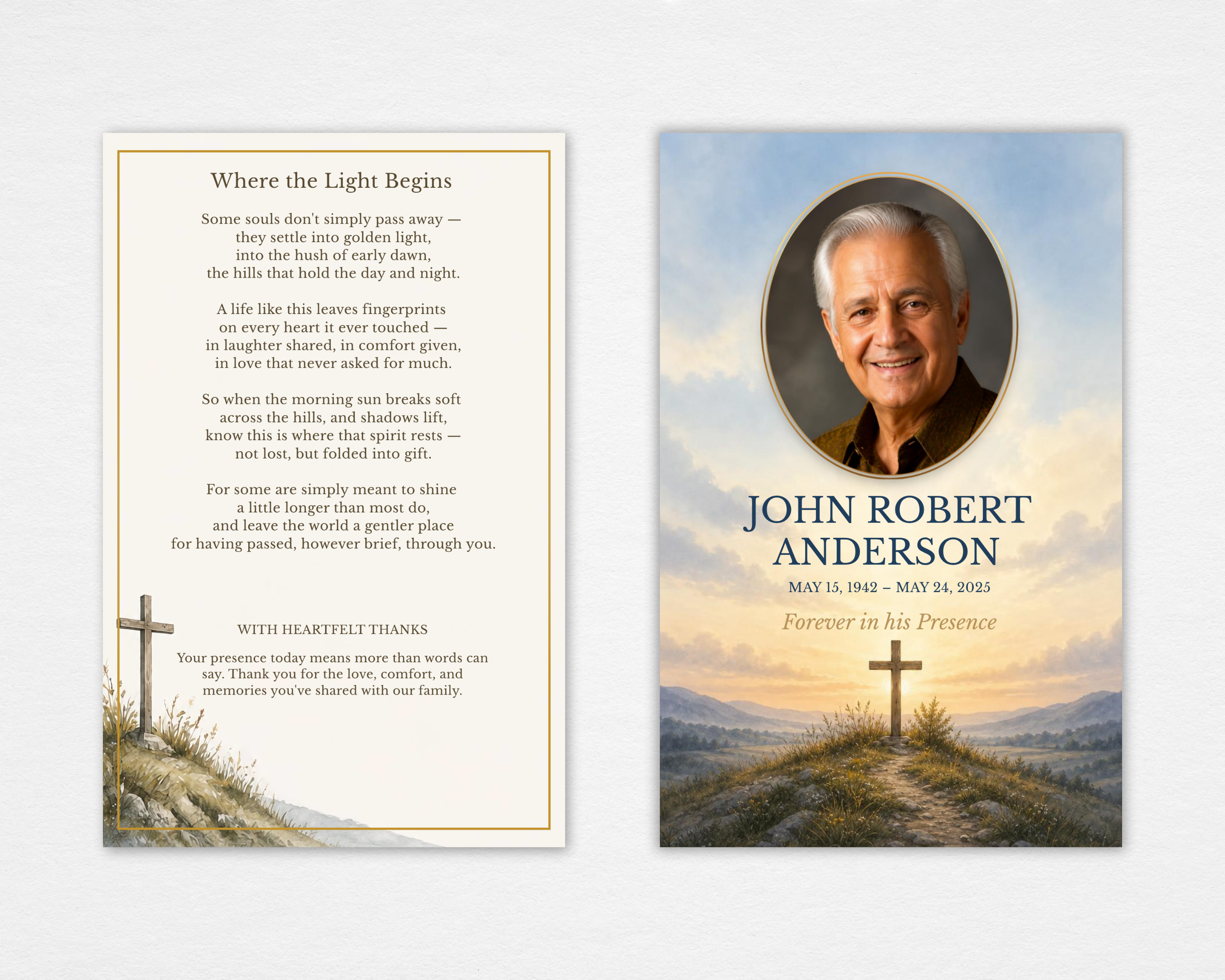Where the Light Begins Christian funeral program template — standard size flat lay showing front cover with watercolor sunrise landscape, hilltop cross, oval portrait photo frame, navy serif name and dates, and italic tribute line; back cover with original poem Where the Light Begins and heartfelt thank you section
