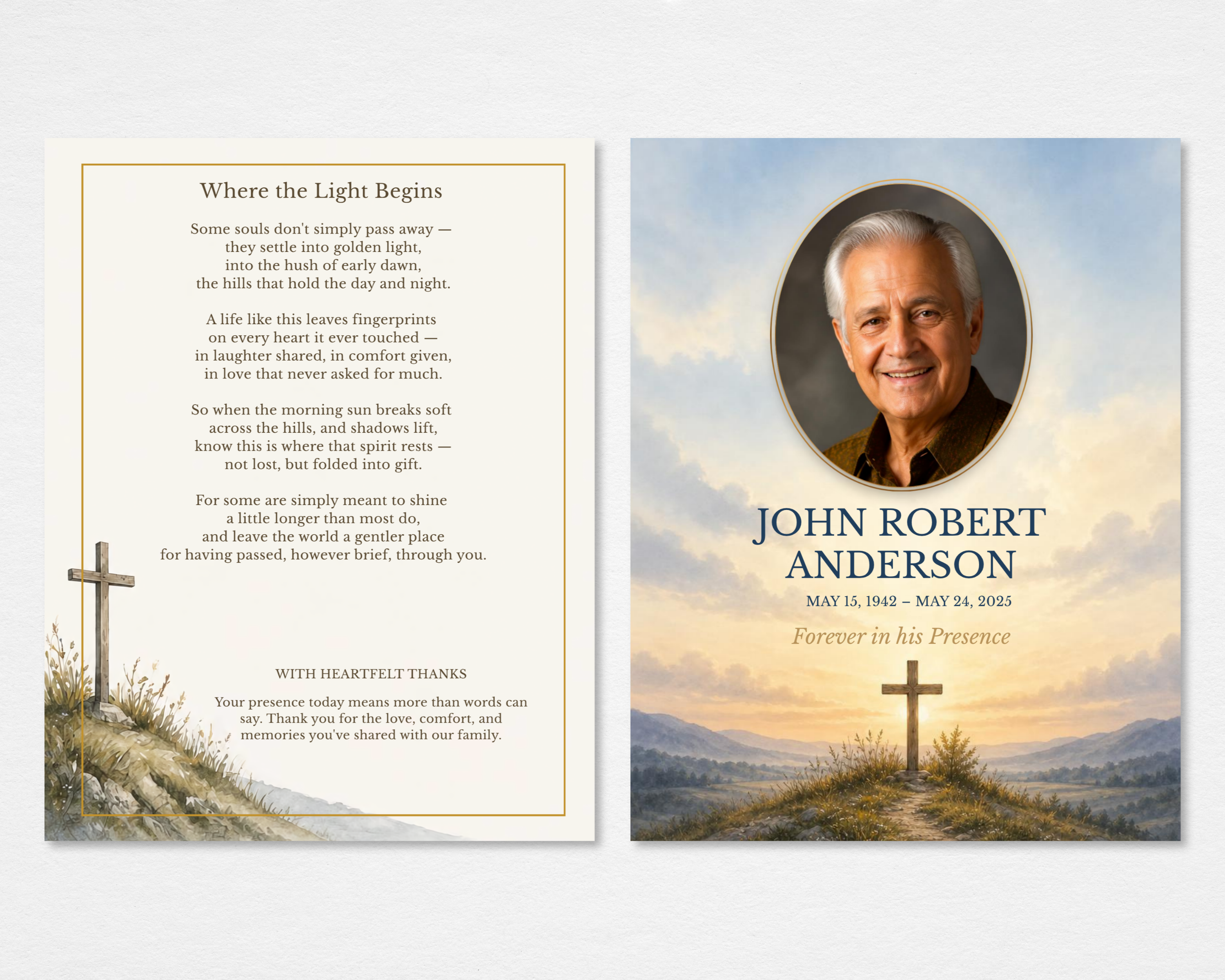 Where the Light Begins Christian funeral program template — tabloid size flat lay showing front cover with golden sunrise watercolor landscape, hilltop cross, oval portrait frame, and navy serif typography; back cover with original poem and acknowledgment section in clean serif font on cream background
