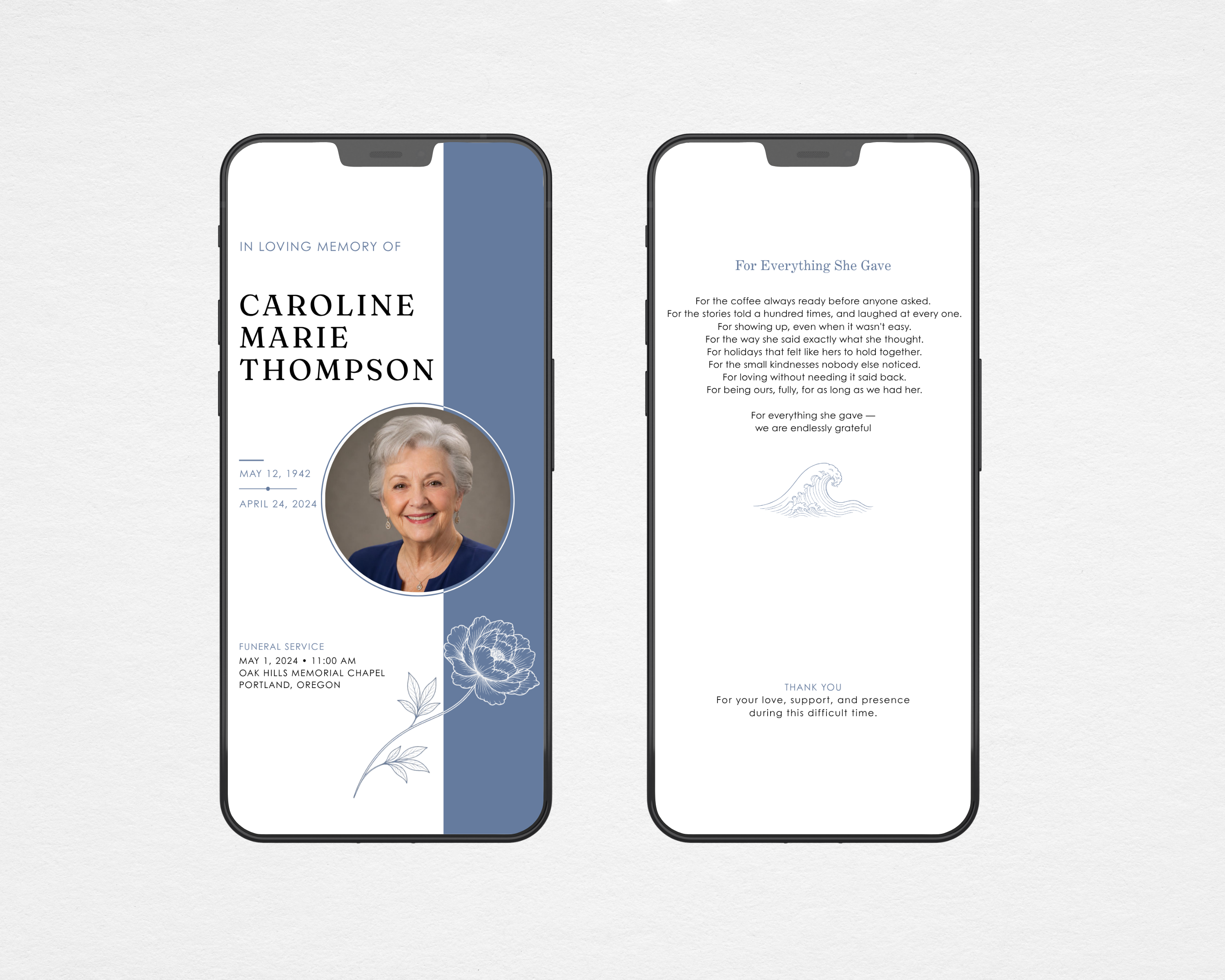phone screen mockup showing front cover with dusty blue stripe, circle portrait frame, and peony, and back page with original poem and wave illustration