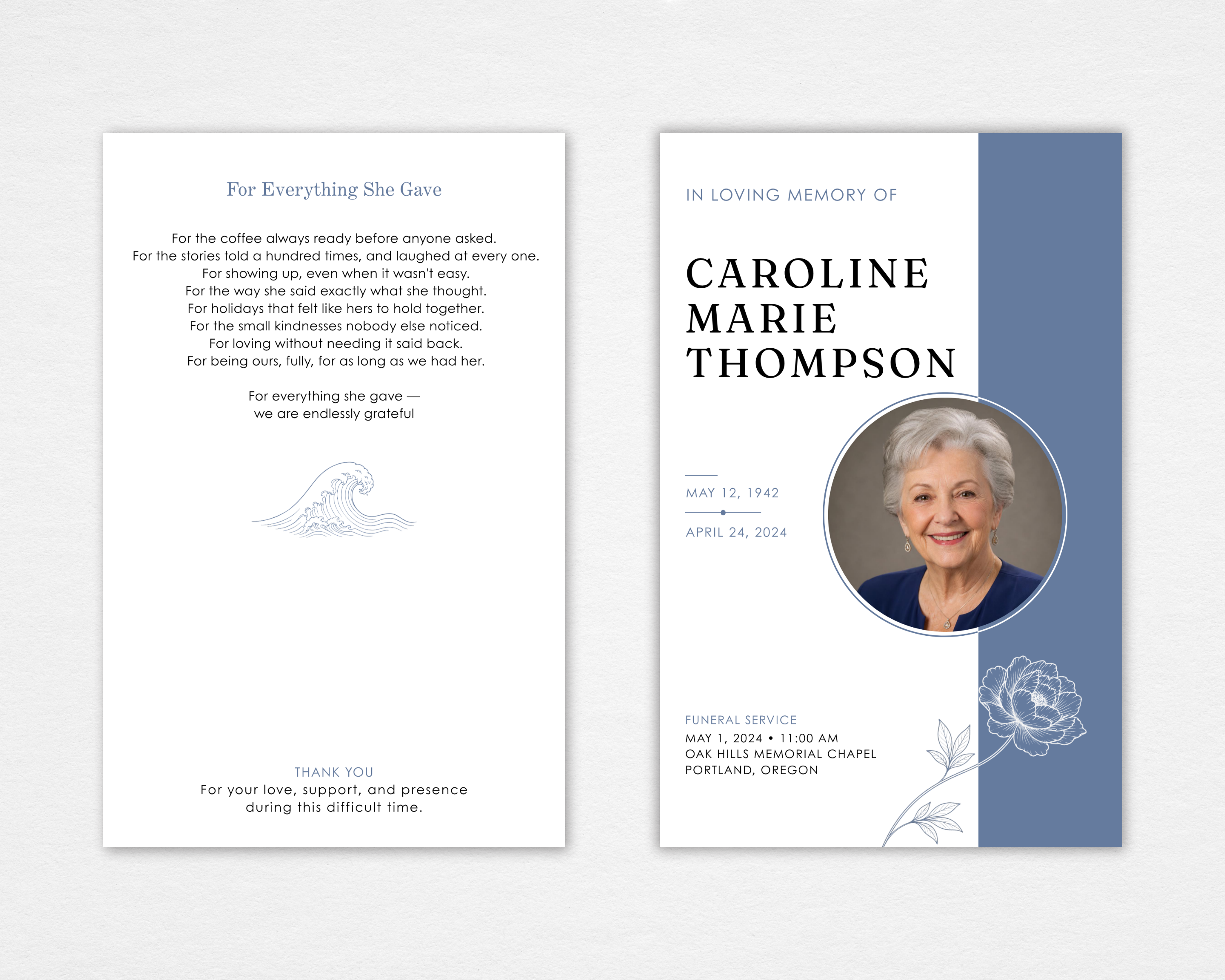 Gentle Grace modern floral funeral program template — standard size front and back, dusty blue vertical stripe, circle portrait frame, line-art peony, and original poem on back page — Canva editable instant download