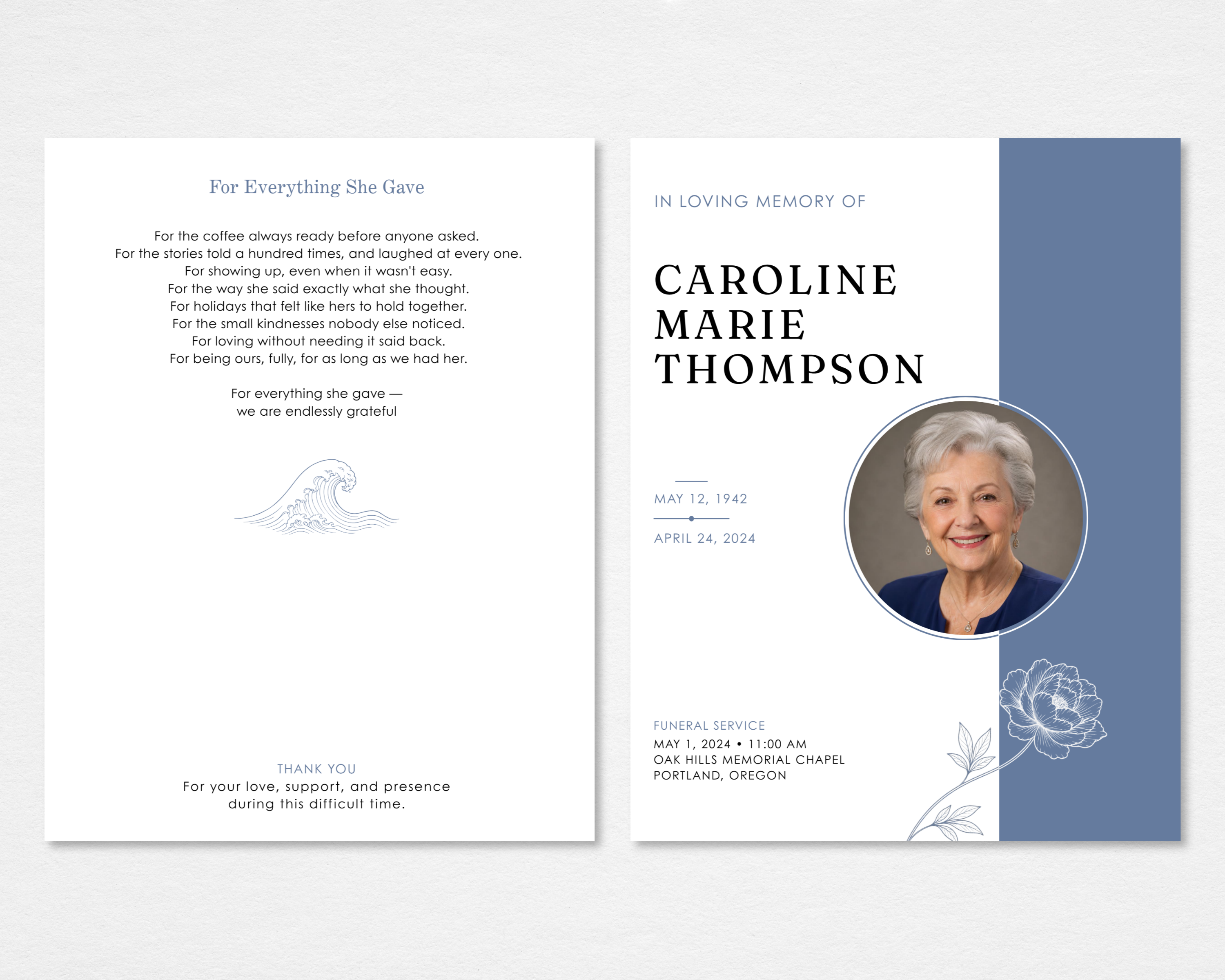 Gentle Grace modern floral funeral program template — tabloid size front and back, dusty blue vertical stripe, circle portrait frame, line-art peony, and original poem on back page — Canva editable instant download