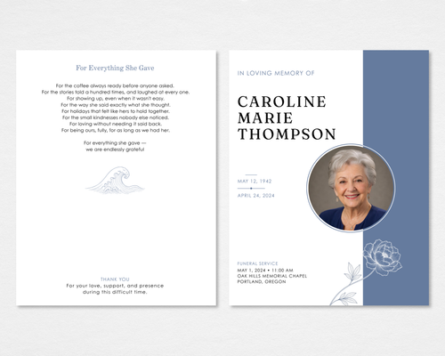 Gentle Grace funeral program cover — white and dusty blue split layout, circle portrait frame, line-art peony, bold sans-serif typography (tabloid)