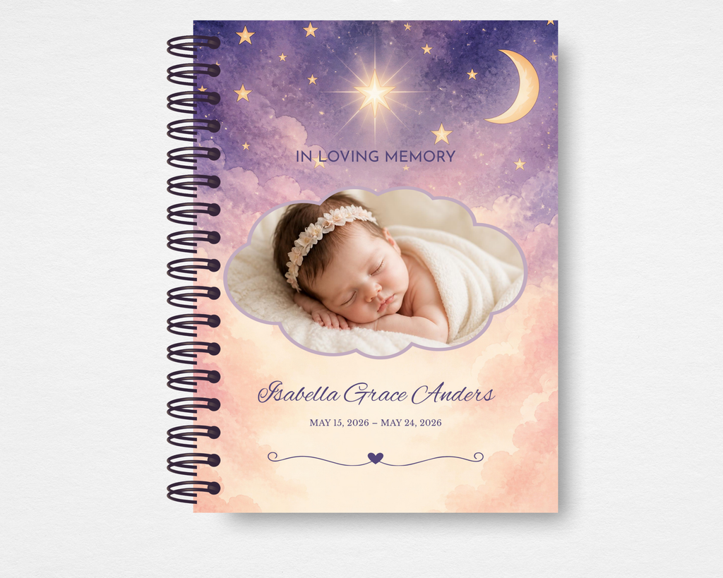 Little Light infant loss memorial guest book Canva template — editable instant download — front cover with celestial watercolor sky, cloud-shaped photo frame, gold stars, crescent moon, and script name typography
