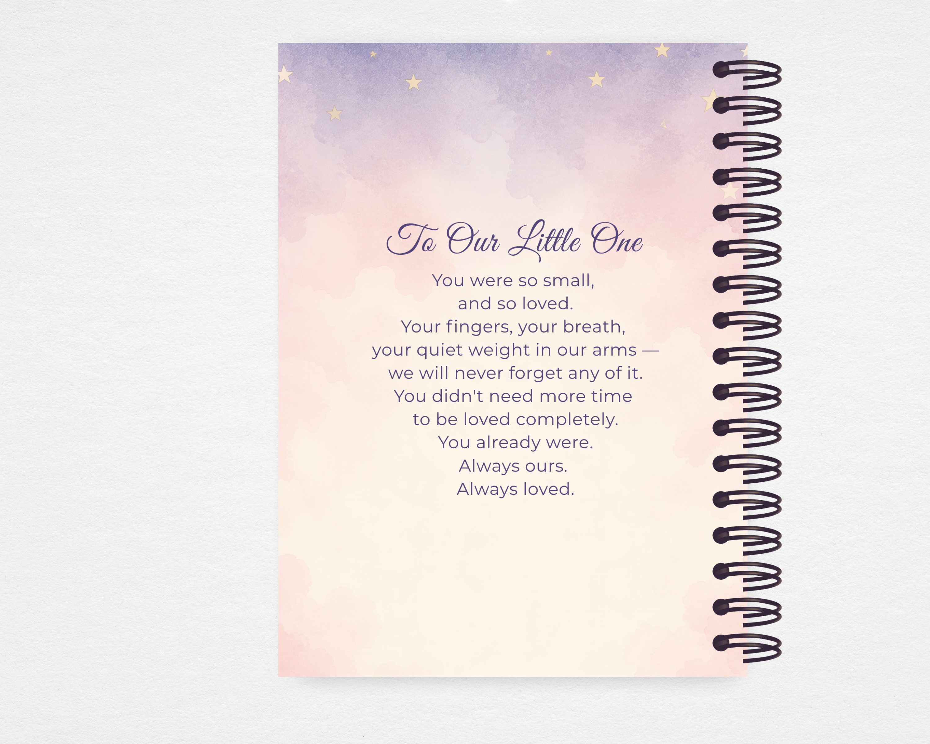 Little Light infant loss memorial guest book Canva template — editable instant download — back cover with blush and lavender watercolor sky, gold stars, and original poem "To Our Little One" in purple script
