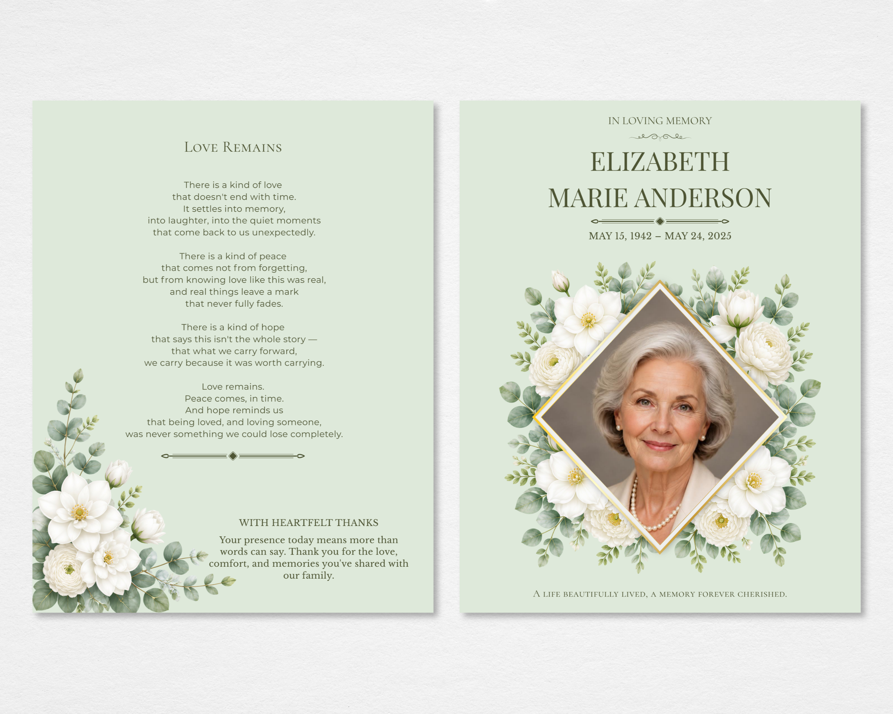 Sage & Ivory botanical funeral program template — tabloid size flat lay showing front cover with ivory gardenias, eucalyptus sprigs, gold diamond portrait frame on sage green; back cover with poem and thank you section