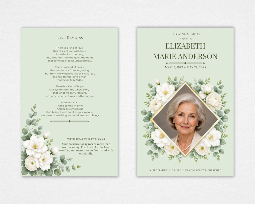 Sage & Ivory botanical funeral program template — front cover with ivory gardenia and eucalyptus wreath, gold diamond photo frame, sage green background, and elegant serif typography; back cover with original poem and heartfelt acknowledgment section