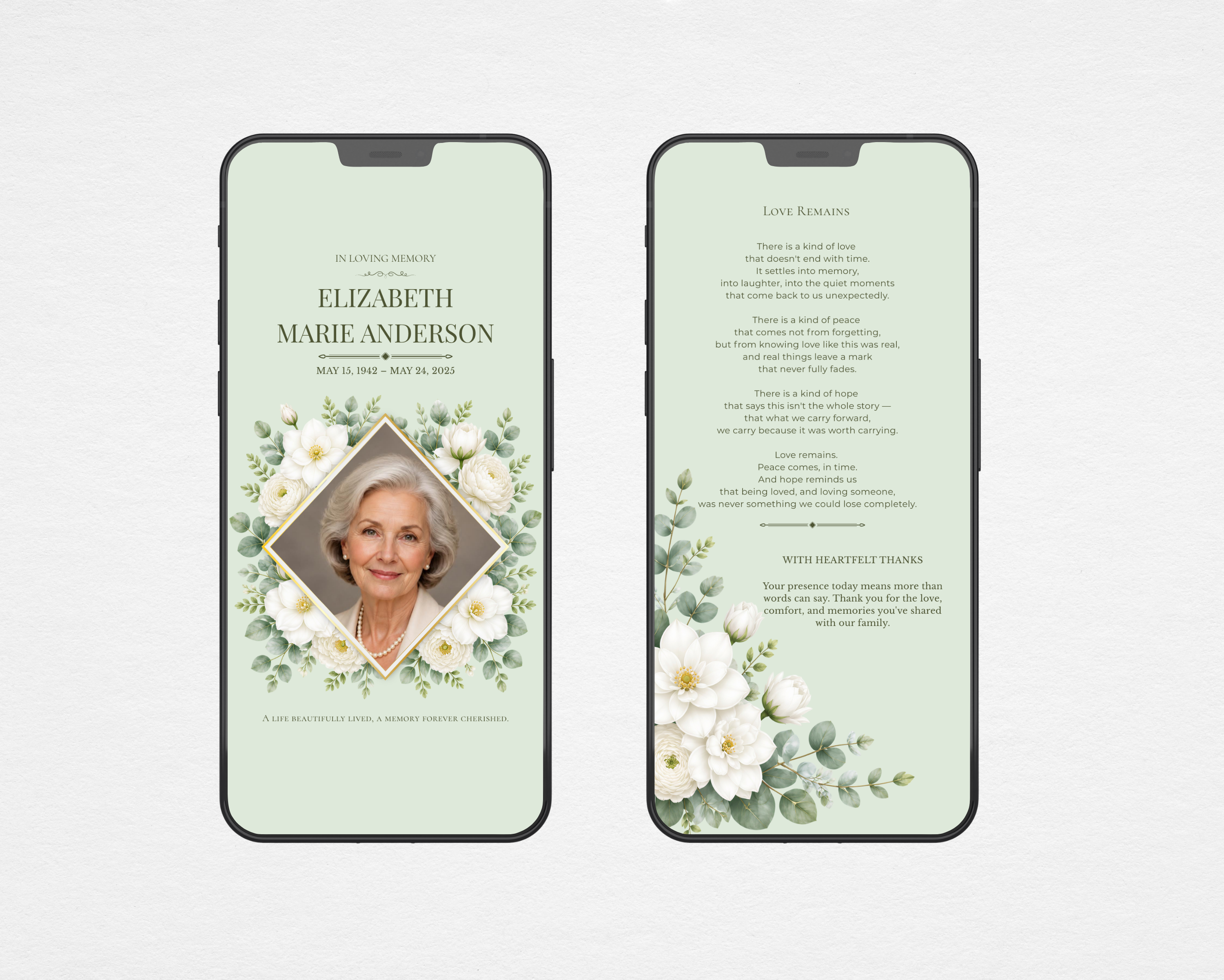 Sage & Ivory botanical funeral program template — digital version shown on two phones; front screen with gold diamond photo frame and floral gardenias on sage green, back screen with poem and acknowledgment text