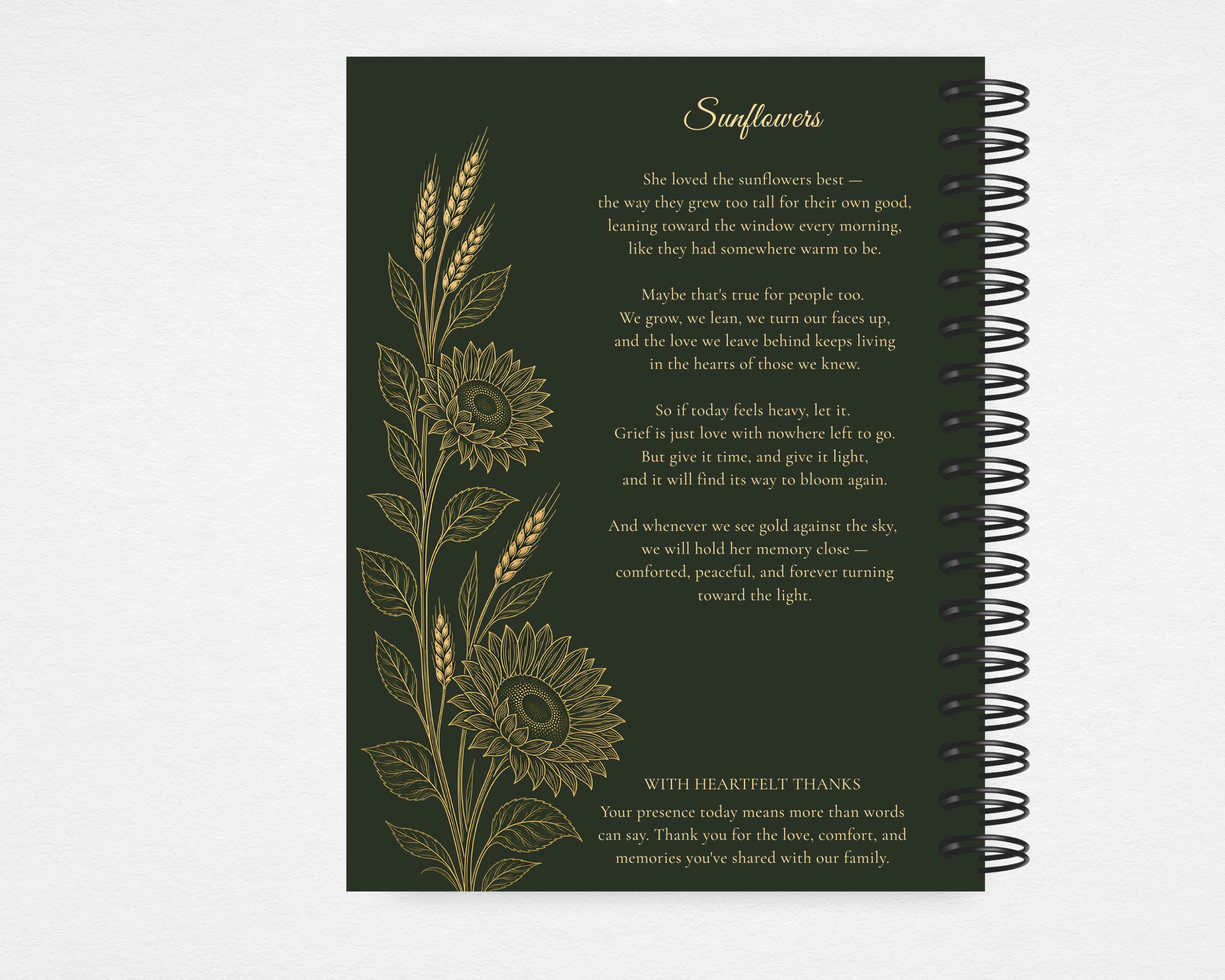 Golden Harvest memorial guest book — back cover, deep forest green with full-height gold line-art sunflower and wheat stalks, Sunflowers poem text and heartfelt thanks acknowledgment