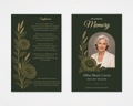 Golden Harvest funeral program template — standard size, front and back cover, deep forest green background with gold and olive line-art sunflowers and wheat stalks, arched portrait frame on the front cover