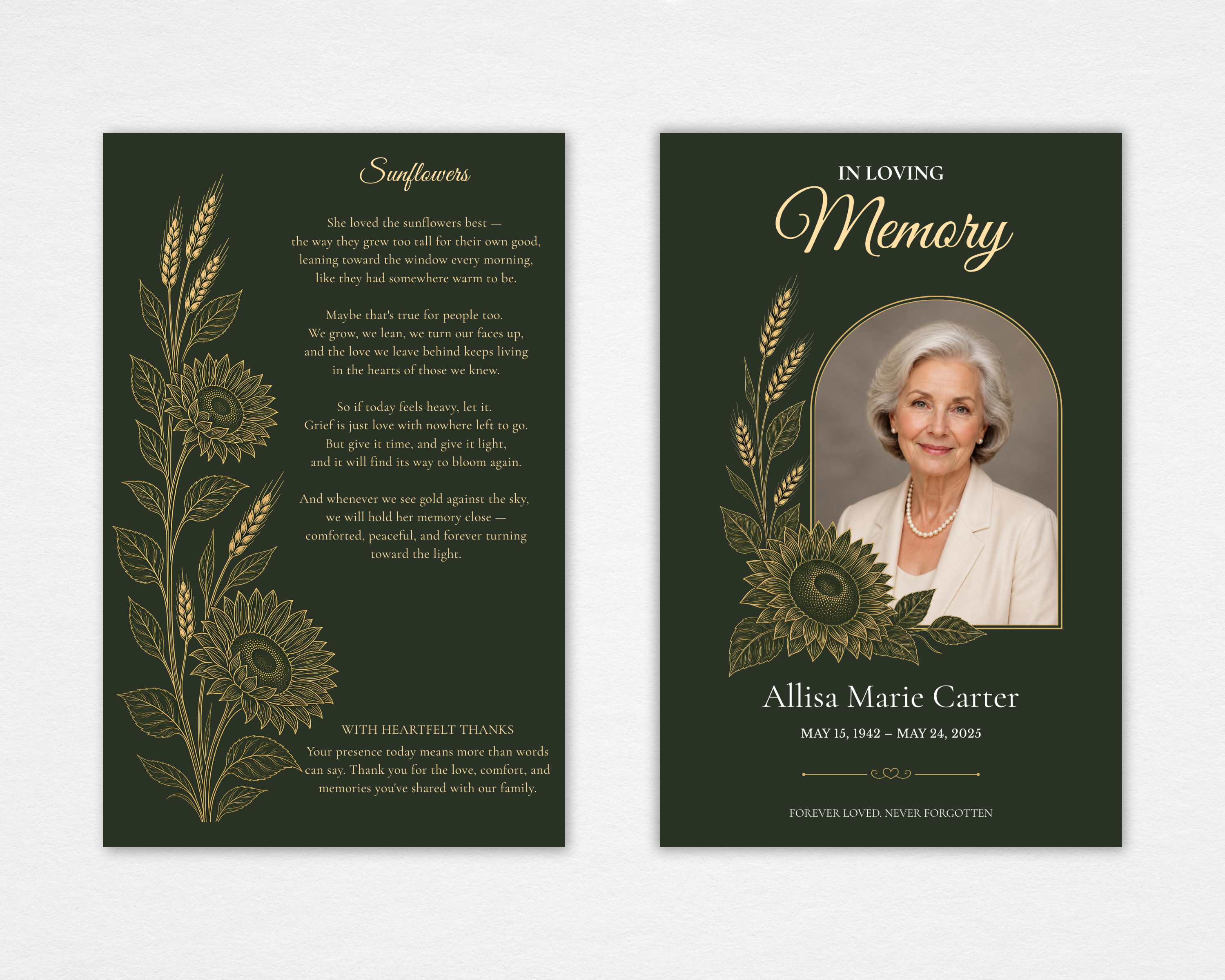 Golden Harvest funeral program template — standard size, front and back cover, deep forest green background with gold and olive line-art sunflowers and wheat stalks, arched portrait frame on the front cover