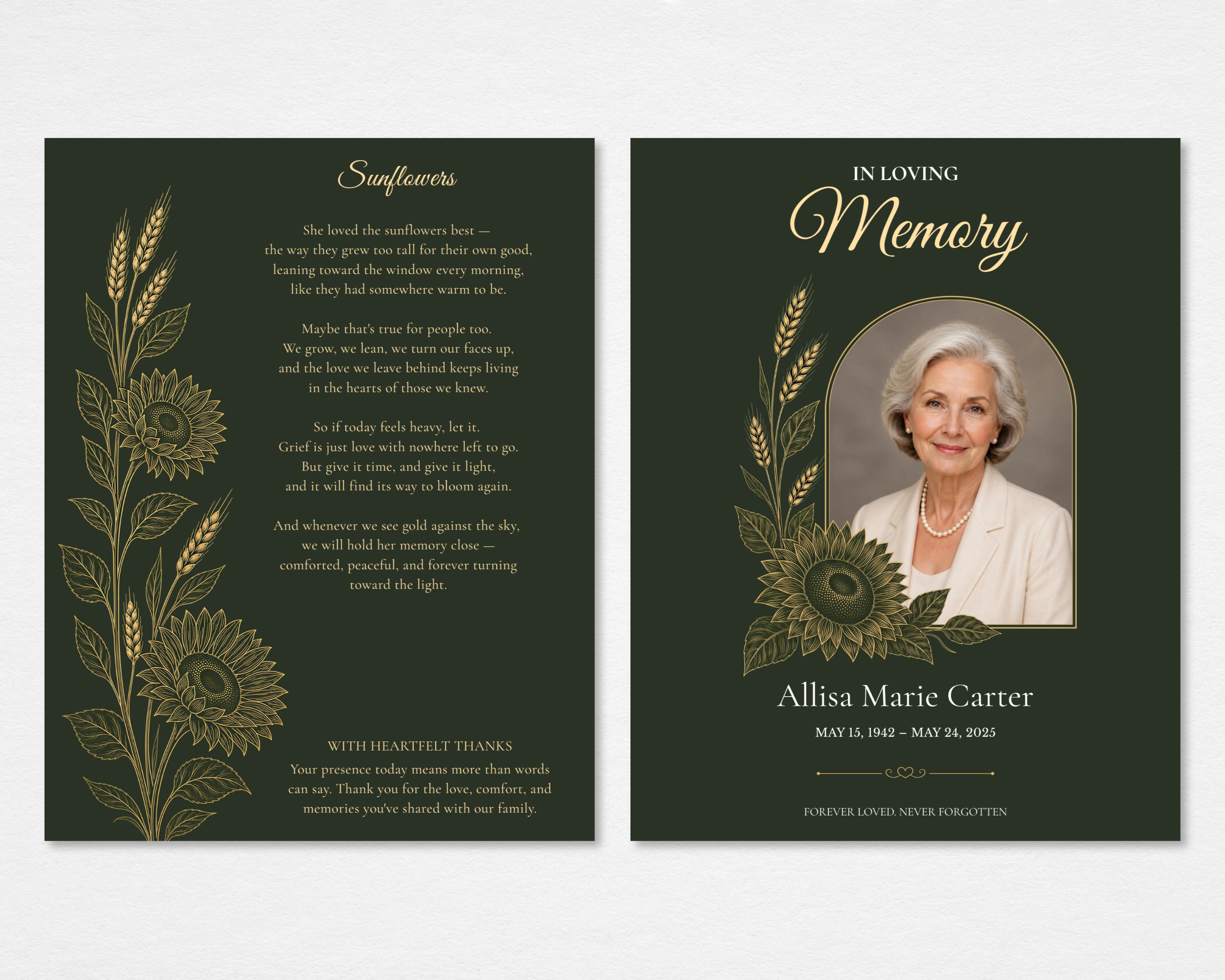 Golden Harvest funeral program — deep forest green with gold and olive line-art sunflowers and wheat stalks; front cover shows In Loving Memory script header with arched portrait frame, name, dates, and Forever Loved Never Forgotten tagline
