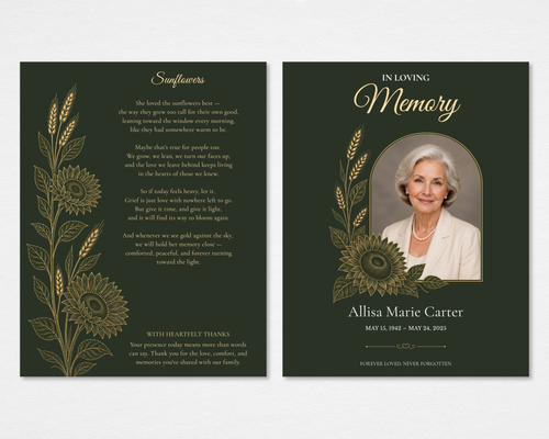 Golden Harvest funeral program — deep forest green with gold and olive line-art sunflowers and wheat stalks; front cover shows In Loving Memory script header with arched portrait frame, name, dates, and Forever Loved Never Forgotten tagline