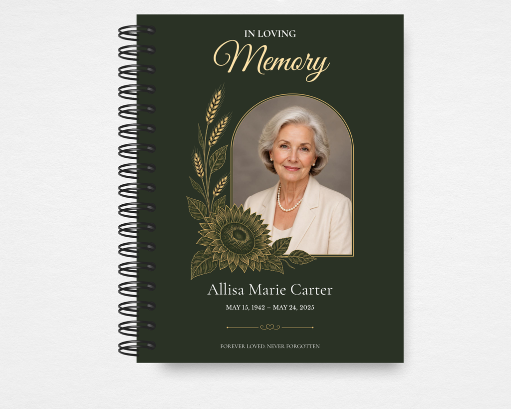 Golden Harvest memorial guest book — front cover, deep forest green with gold line-art sunflower and wheat botanical design, arched portrait frame with sample photo, name, and dates
