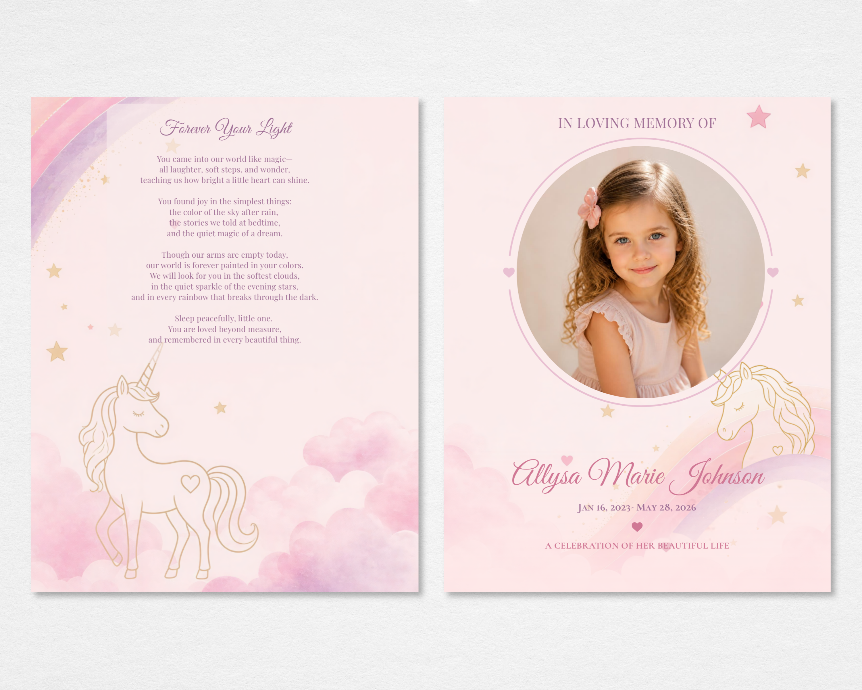 Forever Your Light children's memorial funeral program template, Tabloid size, showing front cover with pastel pink watercolor background, gold stars, hand-drawn unicorn, and circular photo frame, and back cover with original poem