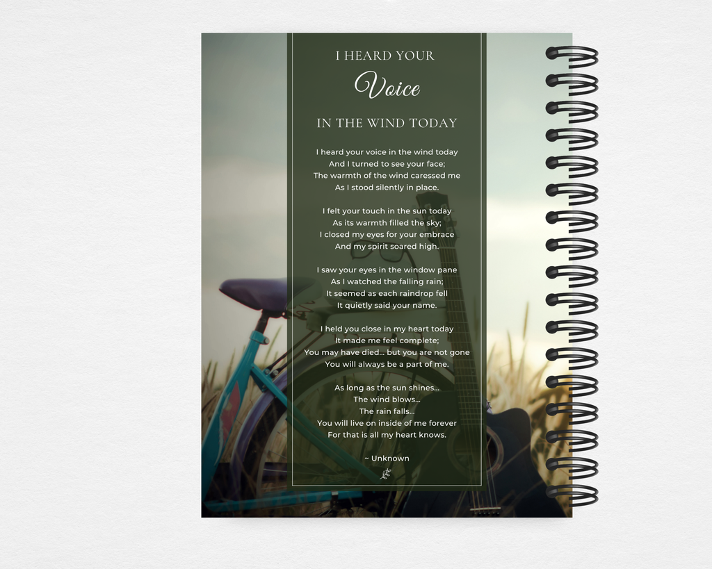 Dark forest green panel with "I Heard Your Voice in the Wind Today" poem text in white, teal bicycle and guitar visible in soft background