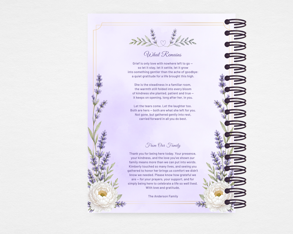 Soft Lavender and Peony memorial guest book template back cover — same botanical border with lavender sprigs and white peonies. Original poem What Remains and From Our Family acknowledgment section. Standard size