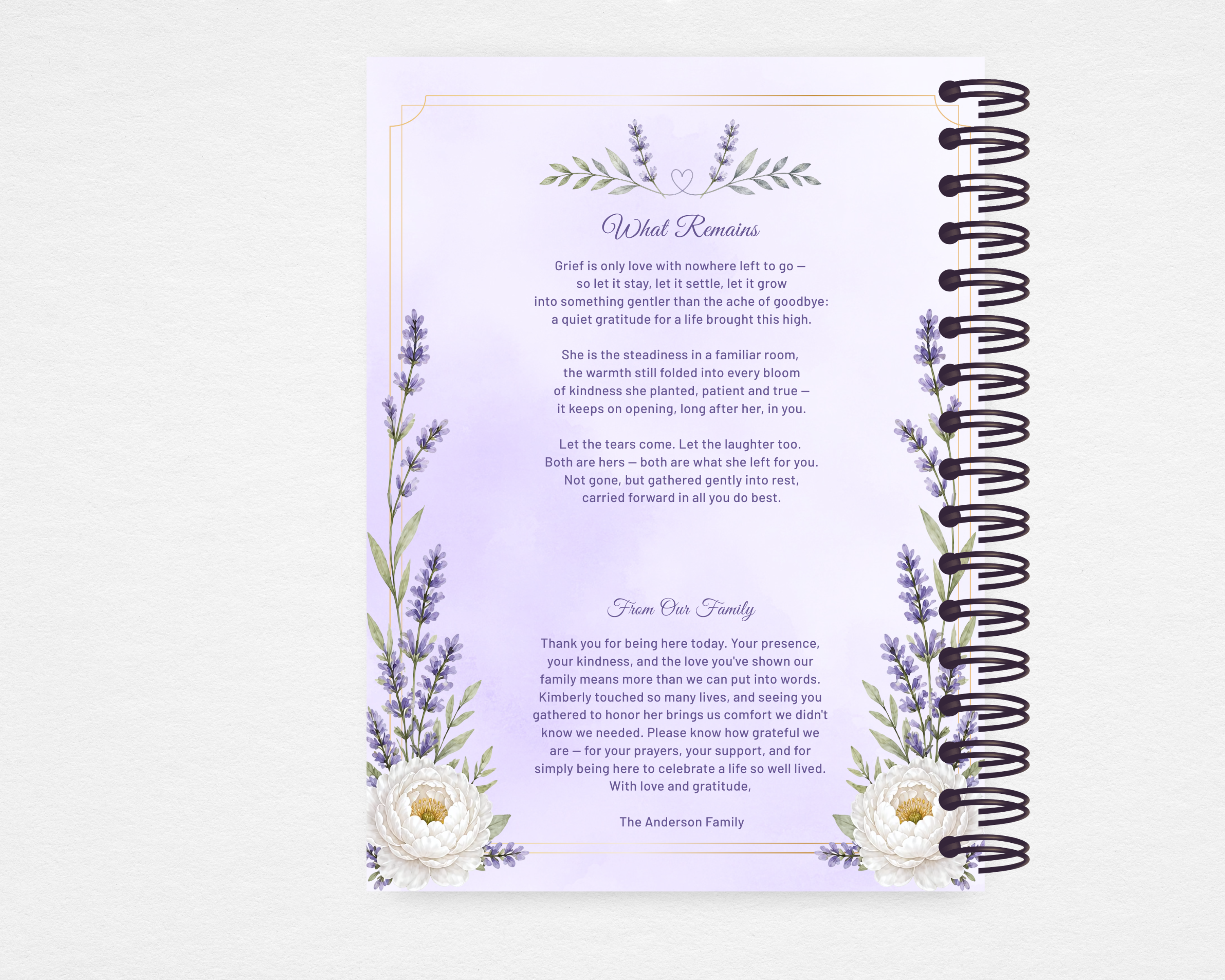Soft Lavender and Peony memorial guest book template back cover — same botanical border with lavender sprigs and white peonies. Original poem What Remains and From Our Family acknowledgment section. Standard size