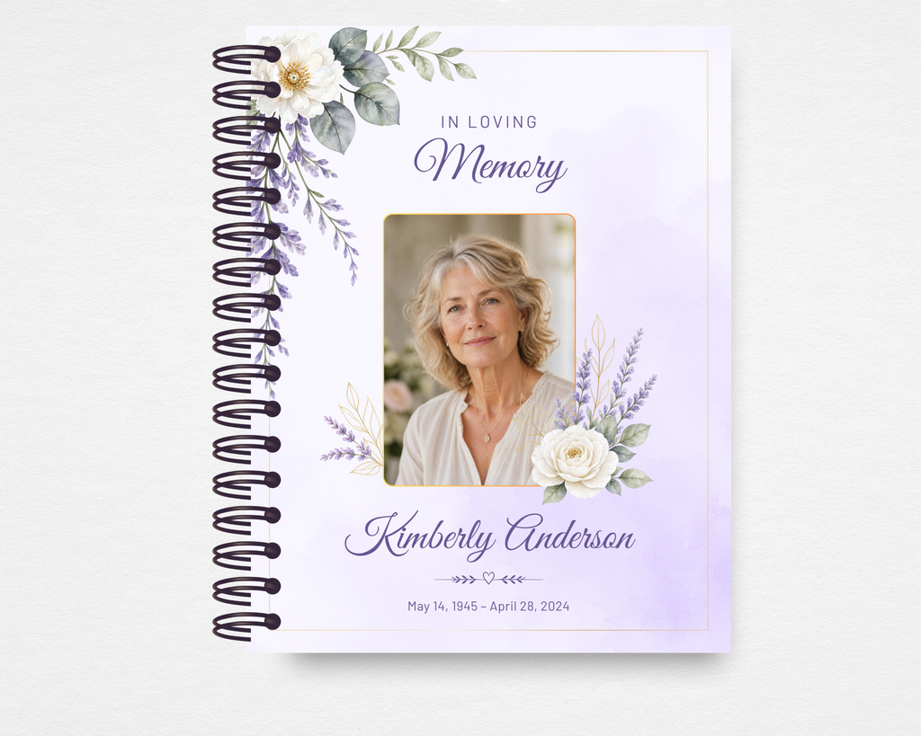 Soft Lavender and Peony memorial guest book template front cover — pale lavender watercolor background with dusty purple lavender sprigs, white peonies, sage eucalyptus, and a gold frame. 'In Loving Memory' with script name and photo placeholder. Standard size