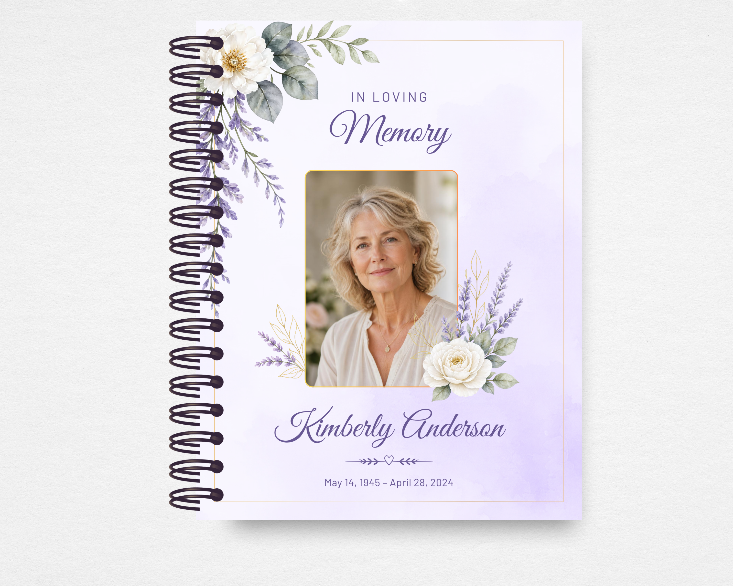 Soft Lavender and Peony memorial guest book template front cover — pale lavender watercolor background with dusty purple lavender sprigs, white peonies, sage eucalyptus, and a gold frame. 'In Loving Memory' with script name and photo placeholder. Standard size