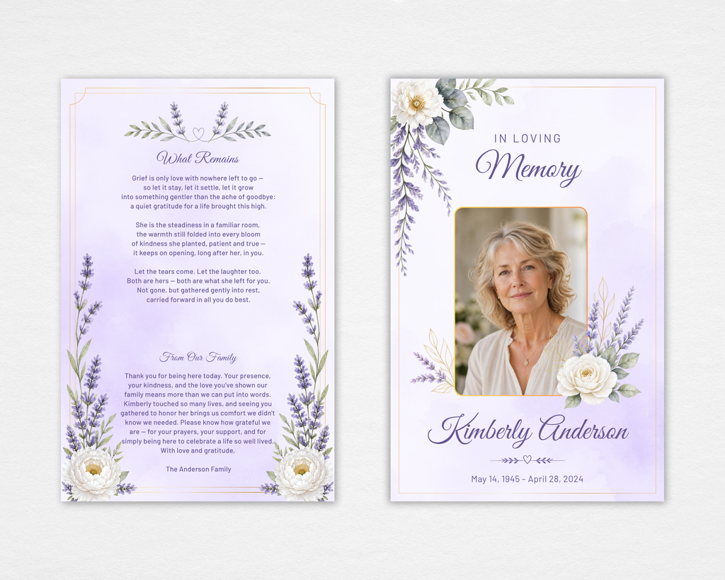 Soft Lavender & Peony memorial funeral program template, front and back — Standard size, soft lavender watercolor background with dusty purple lavender sprigs, white peonies, sage eucalyptus, and delicate gold frame border