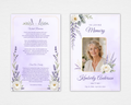 Soft Lavender & Peony memorial funeral program template, front and back — Standard size, soft lavender watercolor background with dusty purple lavender sprigs, white peonies, sage eucalyptus, and delicate gold frame border