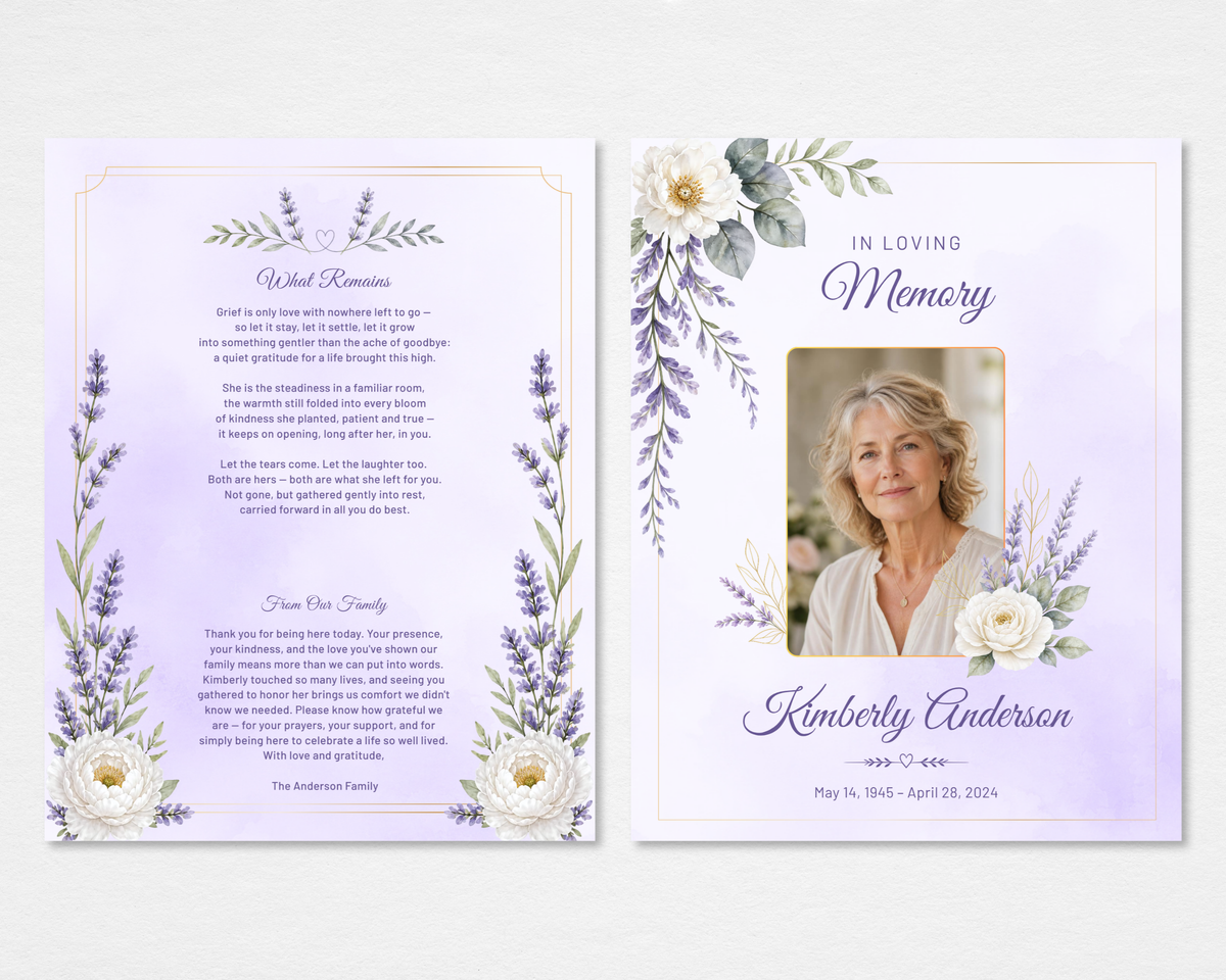 Soft Lavender & Peony memorial funeral program template, front and back — Tabloid size, soft lavender watercolor background with dusty purple lavender sprigs, white peonies, sage eucalyptus, and delicate gold frame border