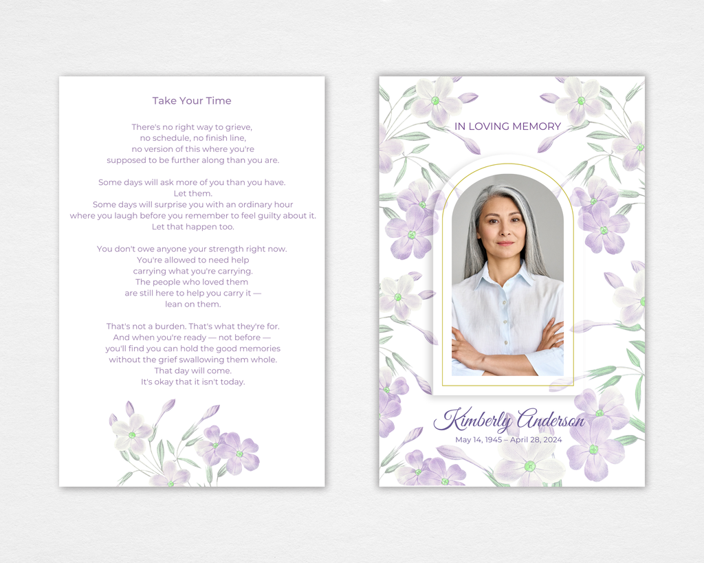 Lilac Whisper funeral program template front and back — white background with soft watercolor lilac blooms and sage green leaves, gold arched photo frame, 'IN LOVING MEMORY' serif header, slate script name and dates. Standard size.