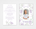 Lilac Whisper funeral program template front and back — white background with soft watercolor lilac blooms and sage green leaves, gold arched photo frame, 'IN LOVING MEMORY' serif header, slate script name and dates. Standard size.