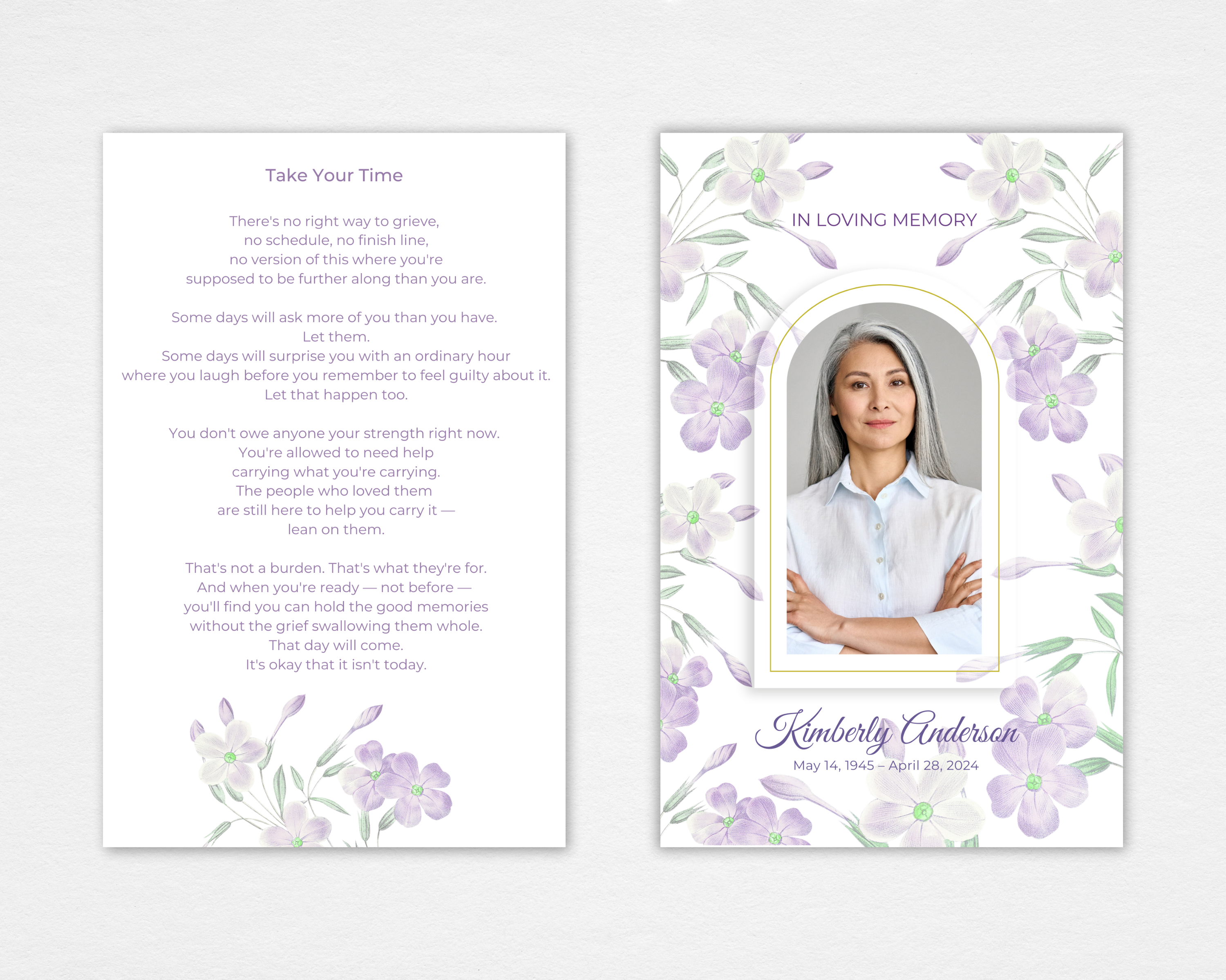 Lilac Whisper funeral program template front and back — white background with soft watercolor lilac blooms and sage green leaves, gold arched photo frame, 'IN LOVING MEMORY' serif header, slate script name and dates. Standard size.